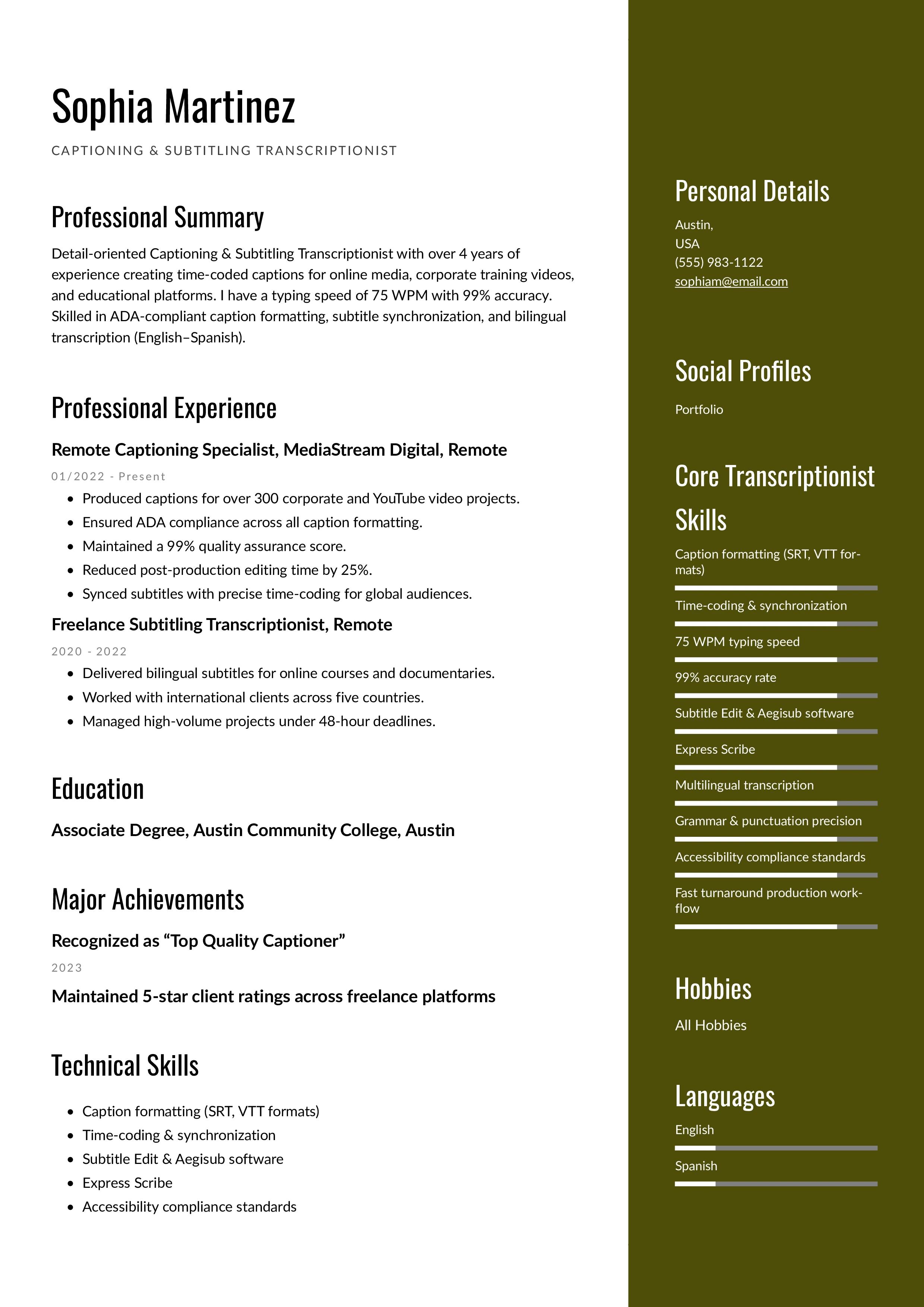 Captioning & Subtitling Transcriptionist Resume