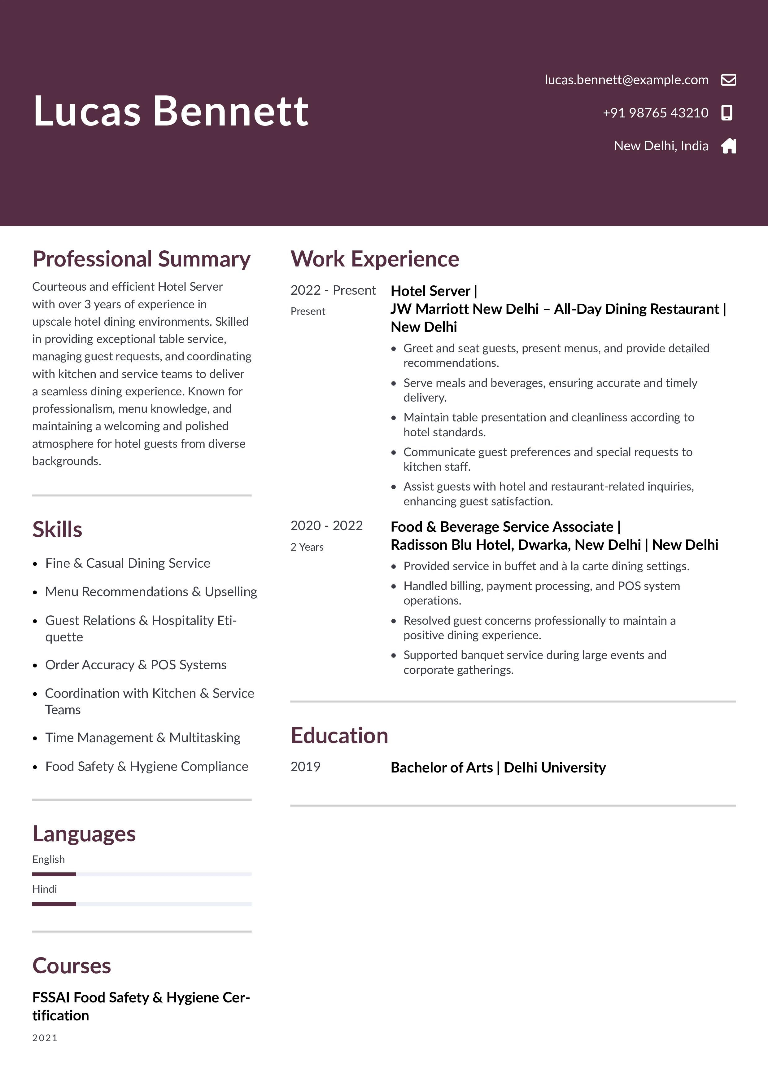 Hotel Server Resume Example