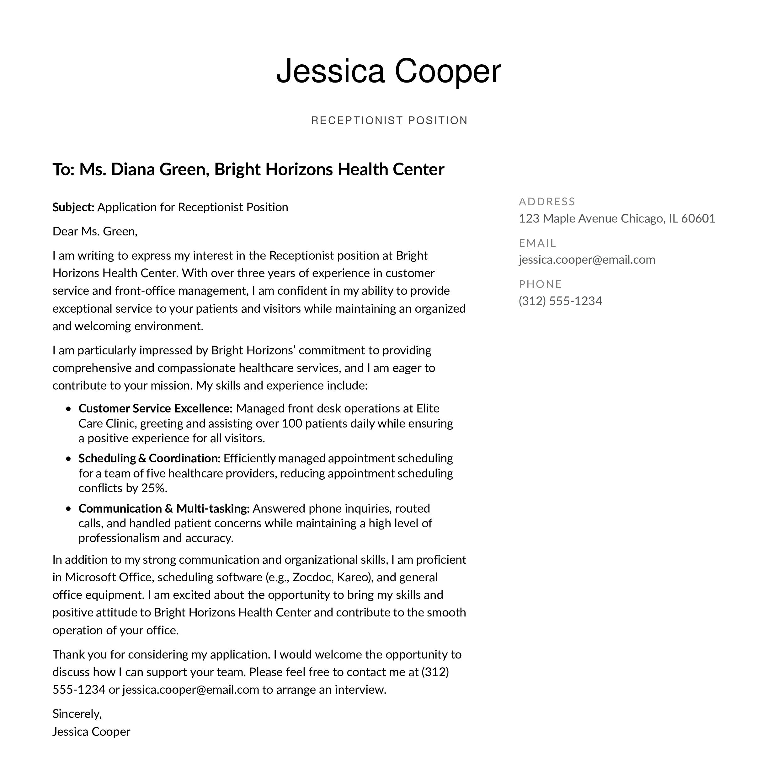 Receptionist Cover Letter Example
