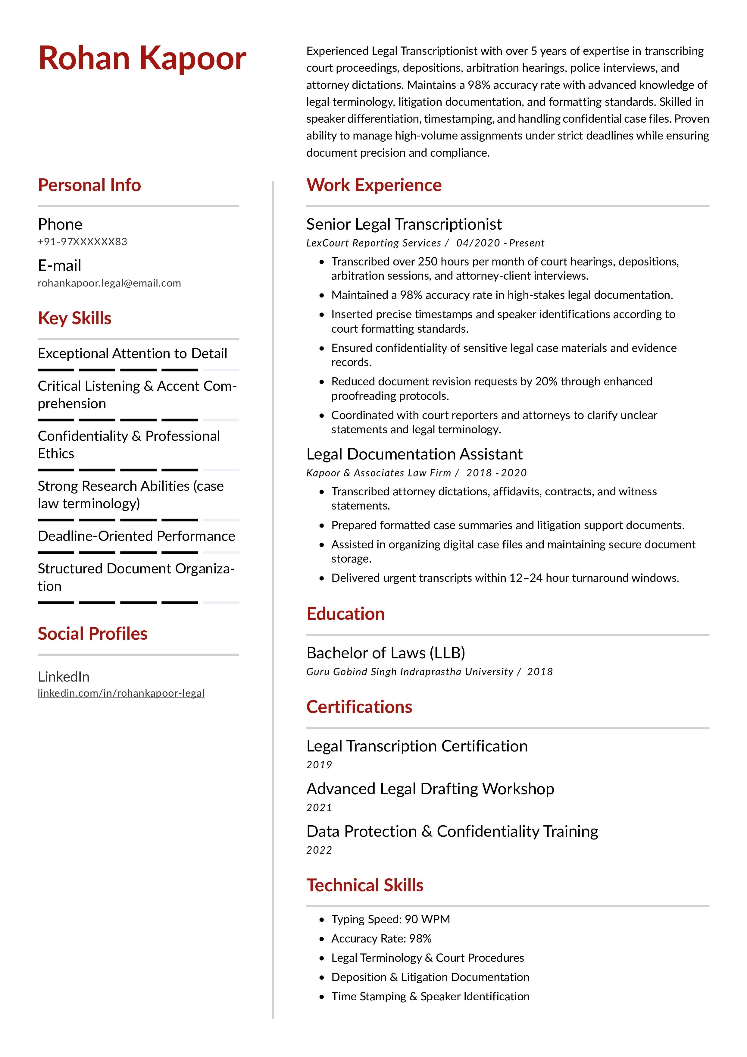 📄 Legal Transcriptionist Resume Example