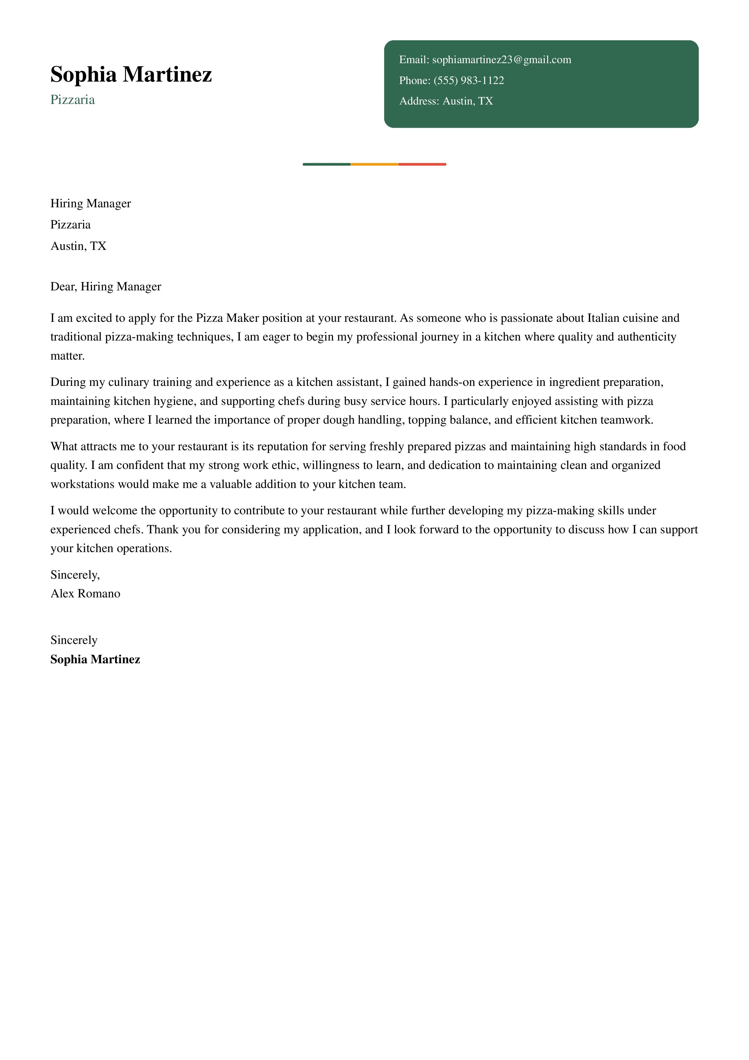Pizza Maker Cover Letter Example 1 (Entry-Level)