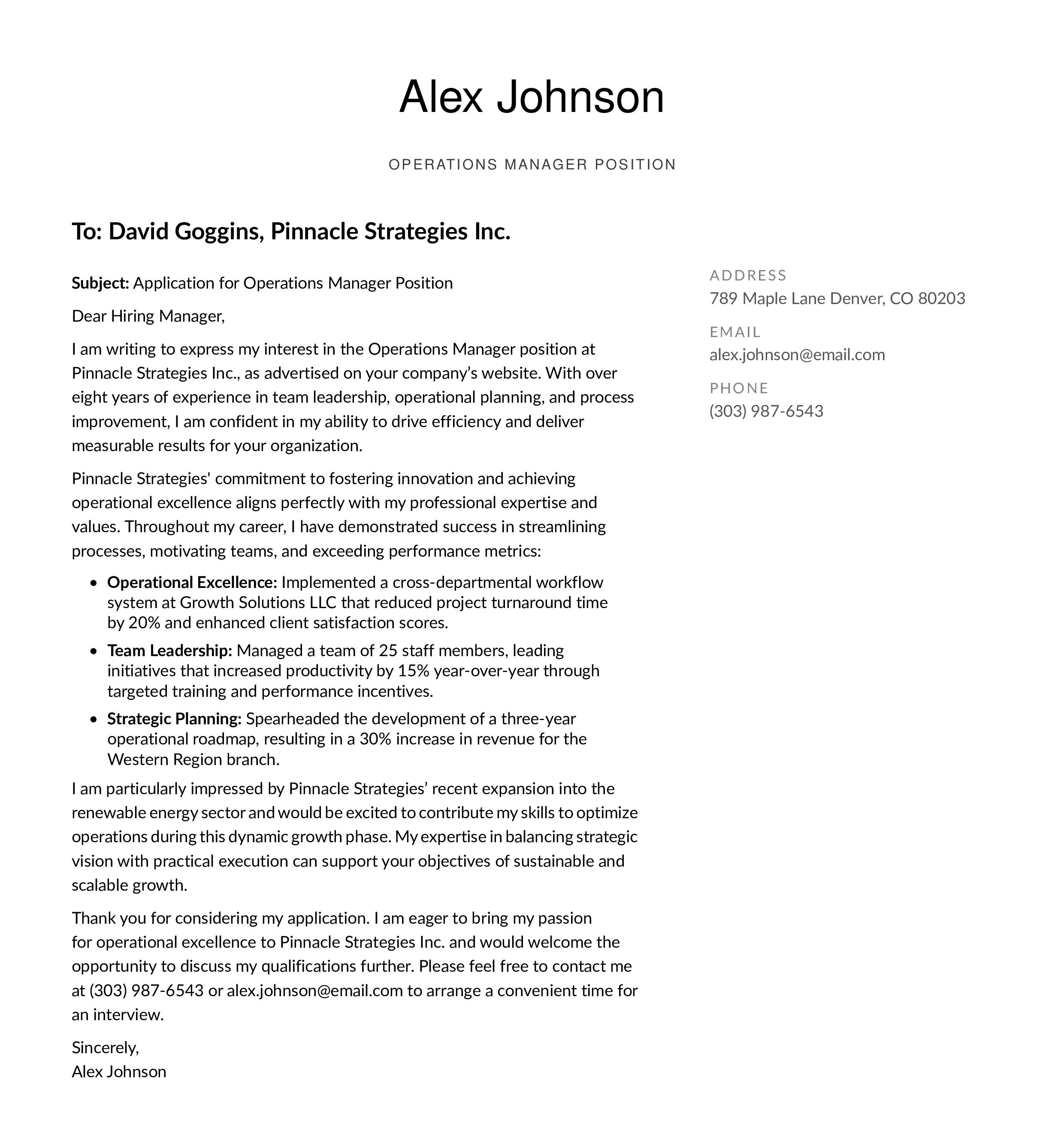 Middle Management Cover Letter Example