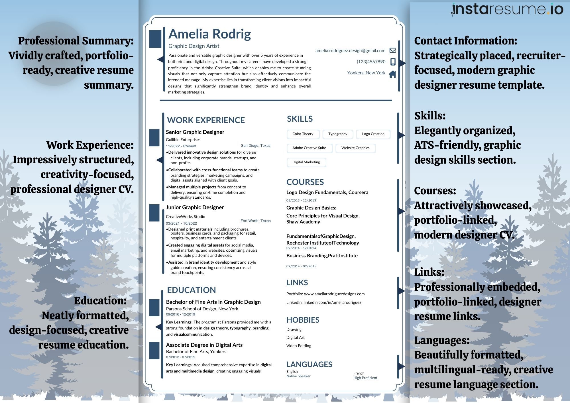 Modern graphic designer resume template by Instaresume.io featuring a clean, ATS-friendly layout with sections for professional summary, work experience, education, skills, courses, links, hobbies, and languages. Strategically designed for creative professionals, it includes portfolio-linked details, neatly formatted design-focused education, and multilingual-ready language section—ideal for showcasing achievements and attracting recruiters