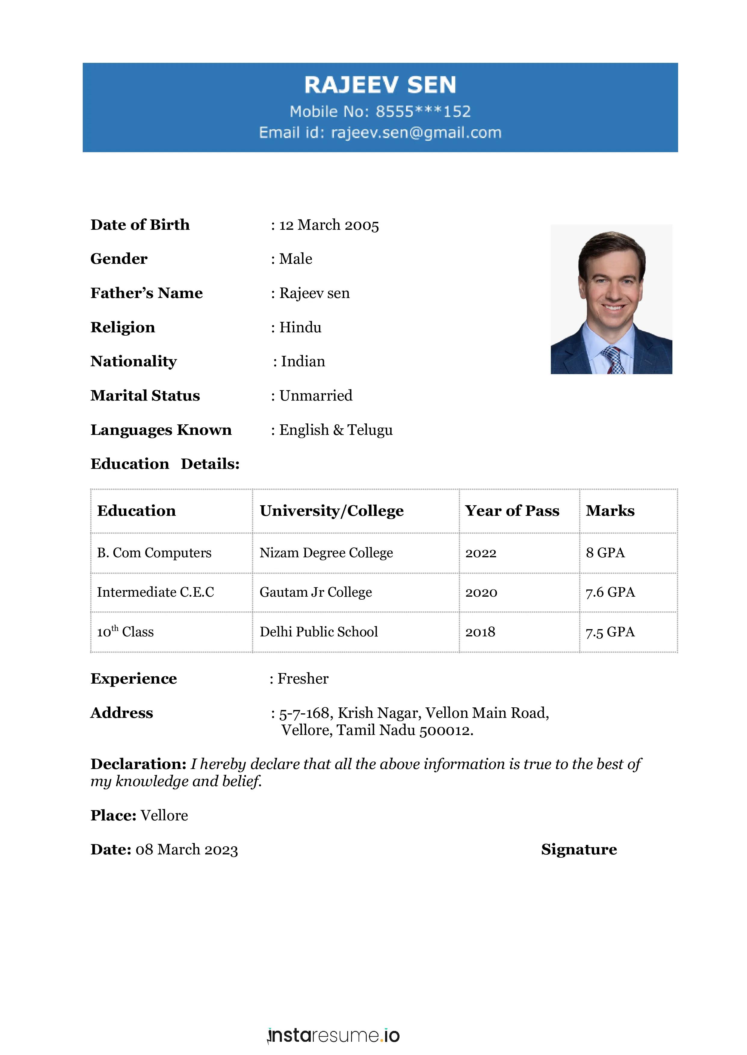 simple biodata format for freshers