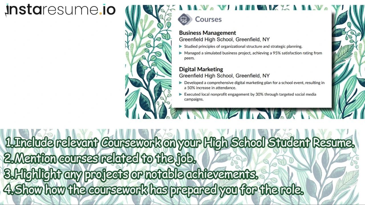 Keypoints for coursework in High school student resume