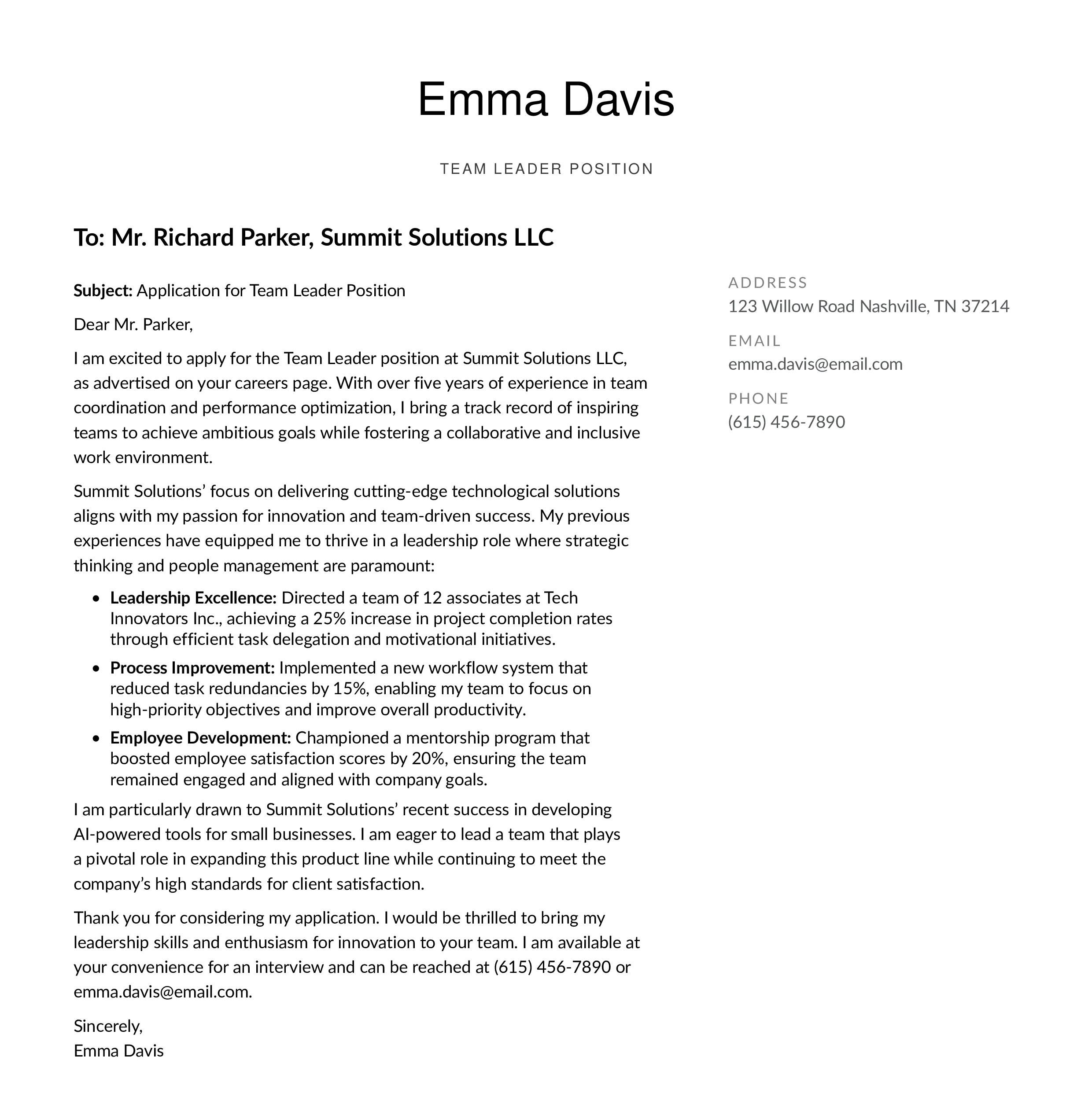 Team Leader Cover Letter Example