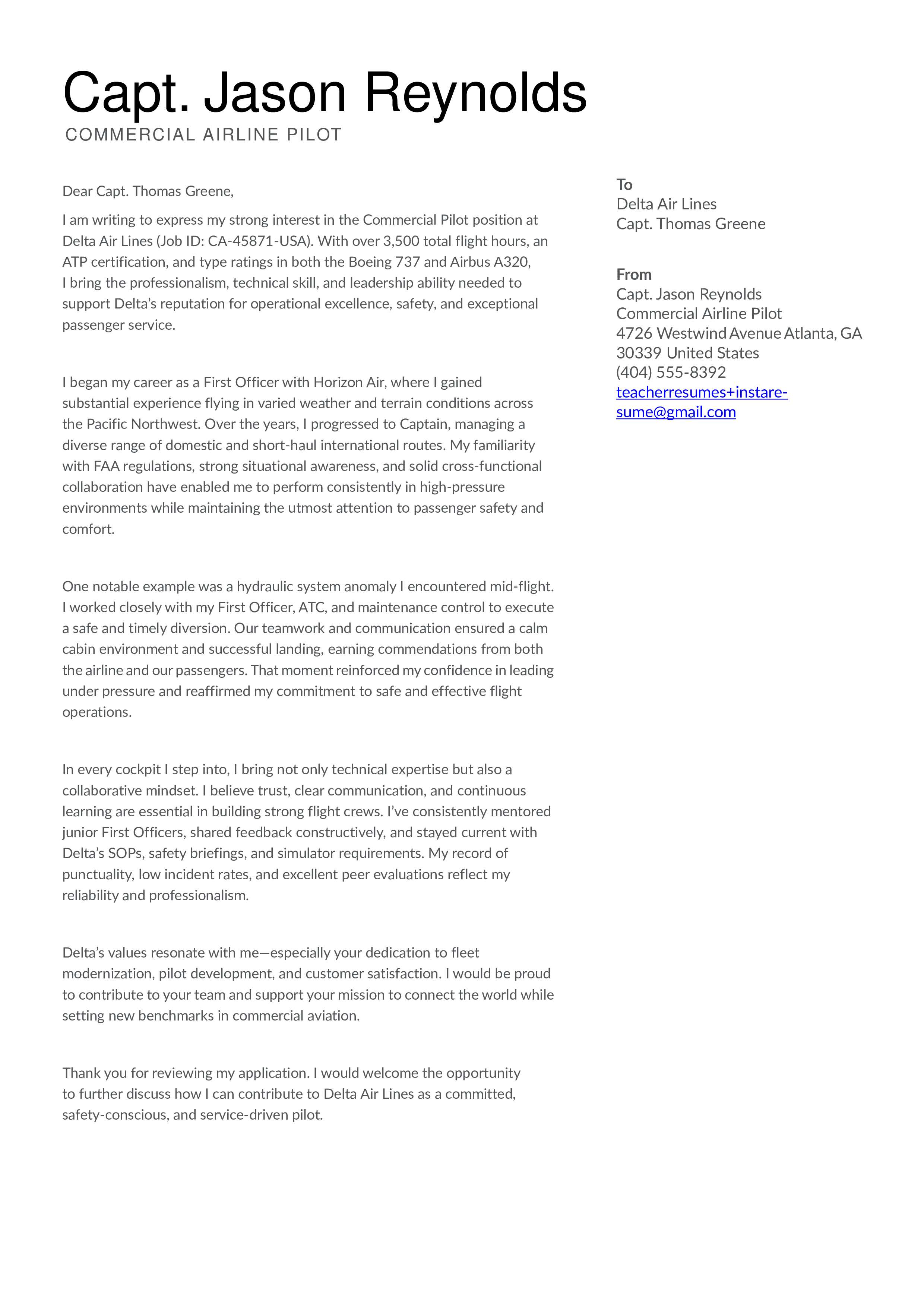 Pilot cover letter
