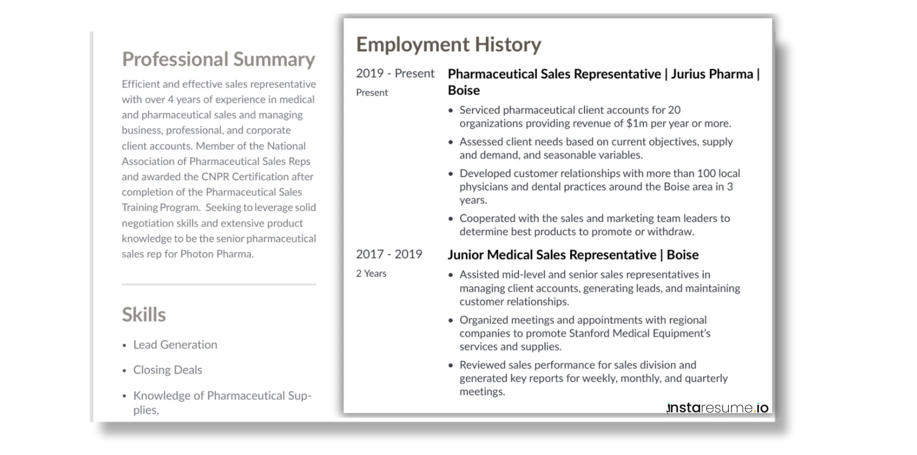 Employment history made from Instaresume.io 