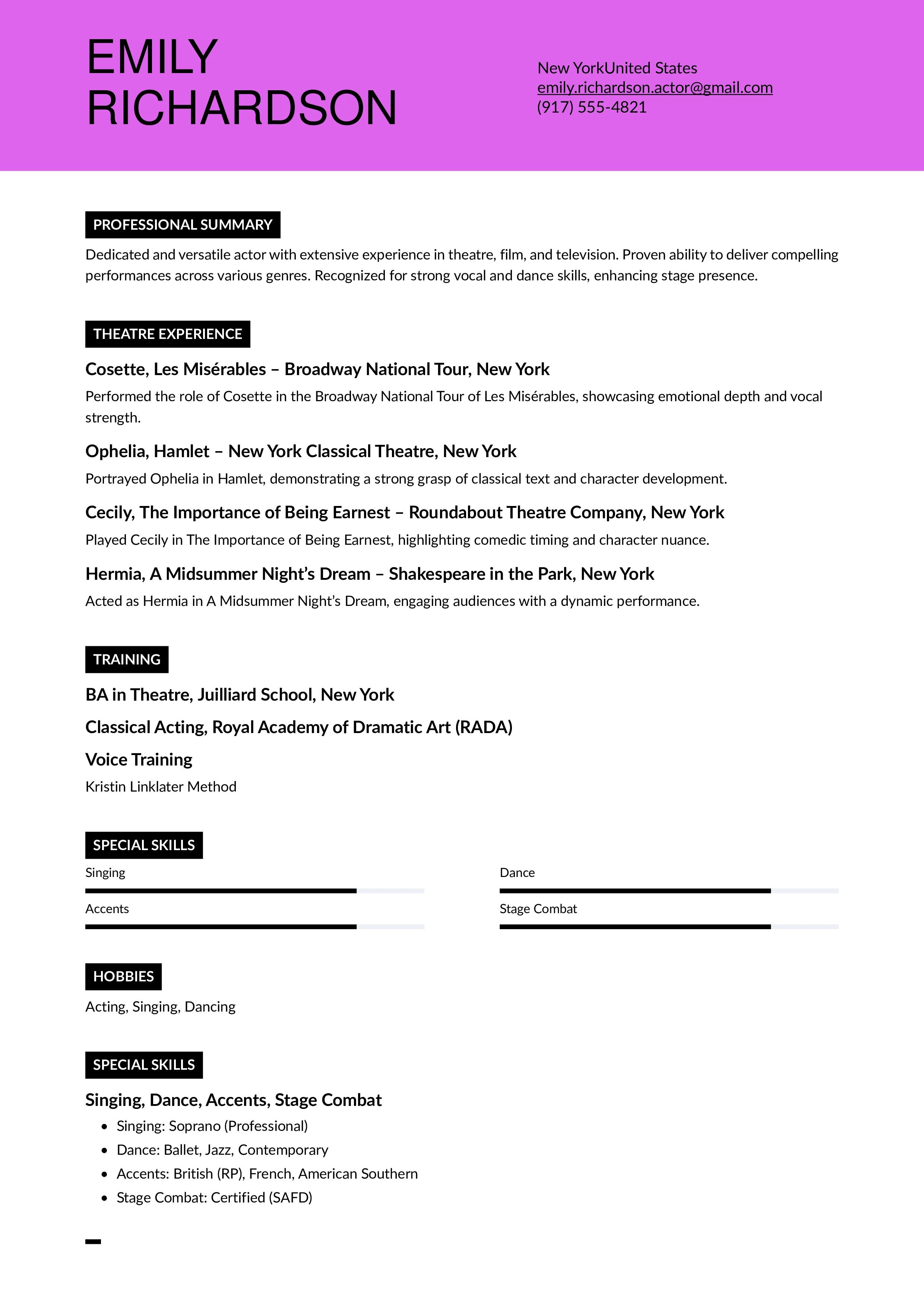 Commercial Acting Resume Example