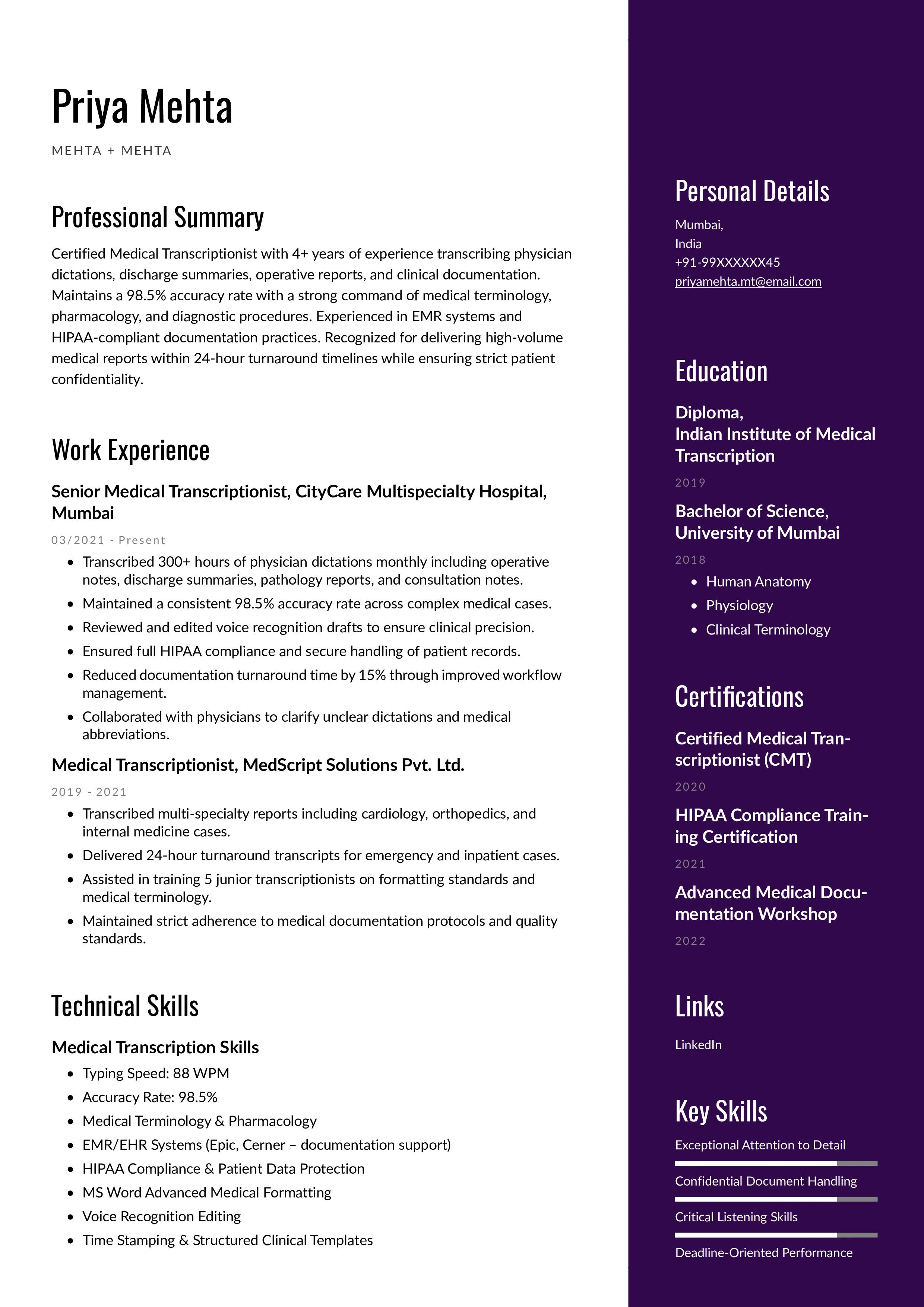 Medical Transcriptionist Resume Example