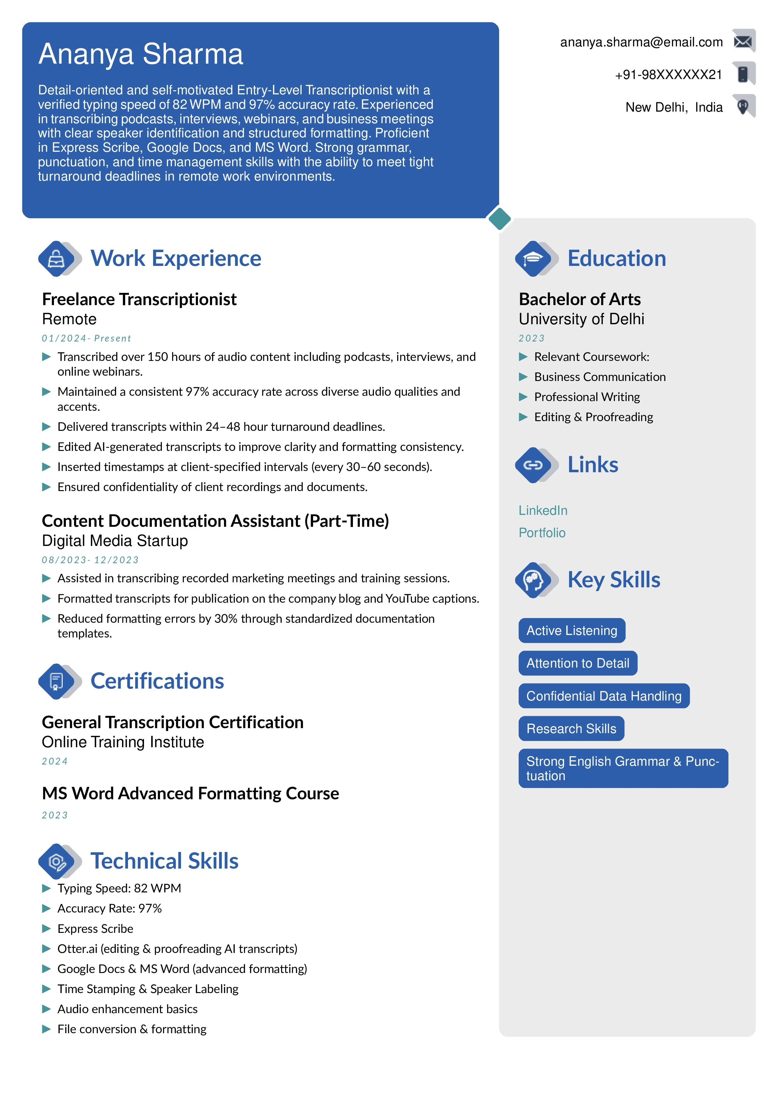 Entry-Level General Transcriptionist Resume Example
