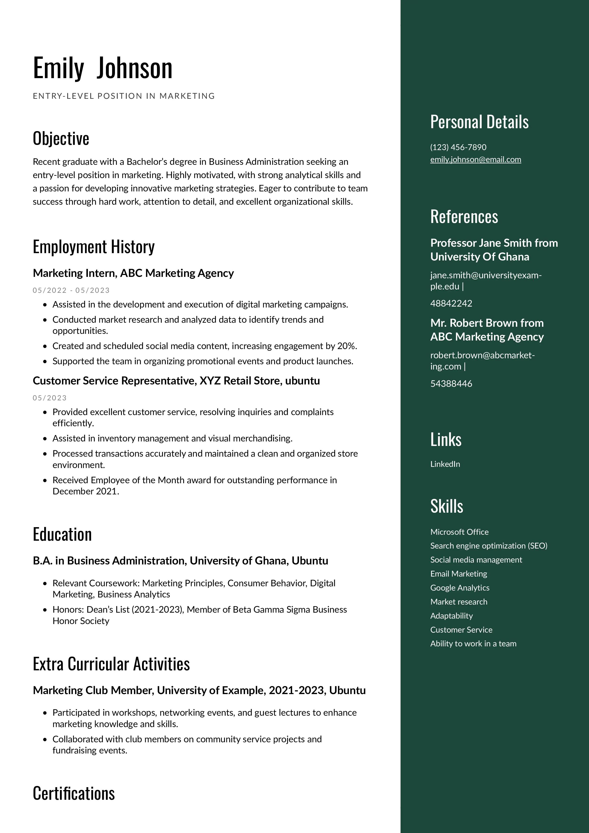 Entry-level position in marketing