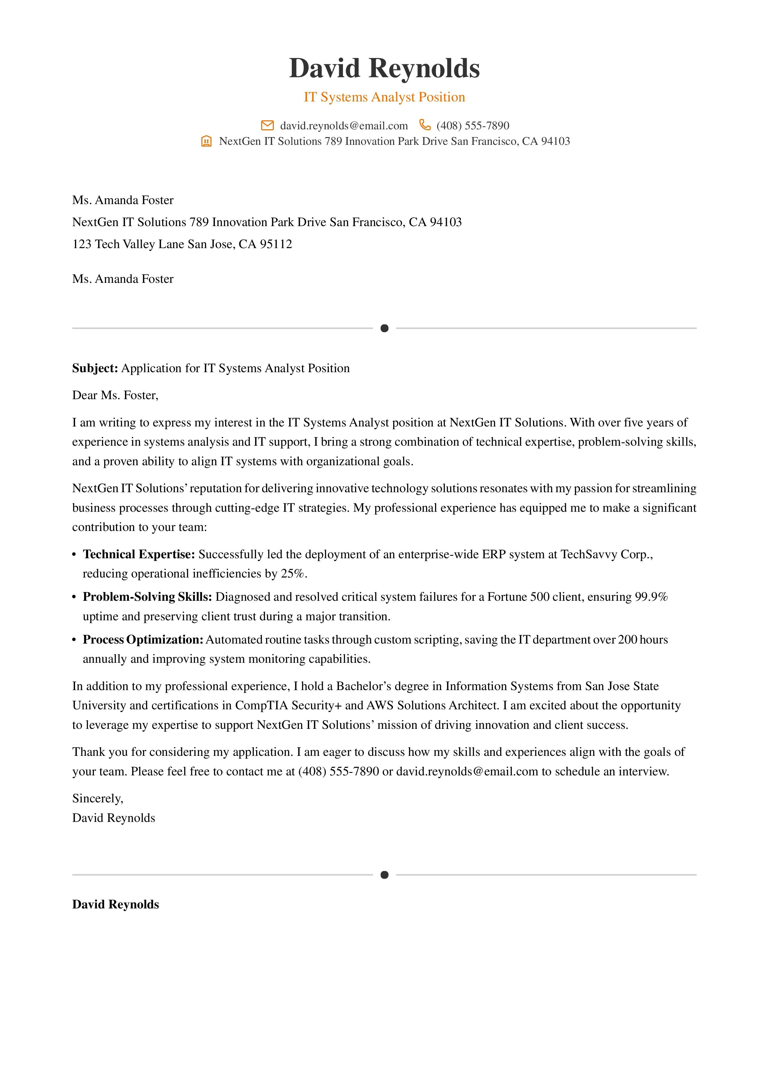 IT Cover Letter Example