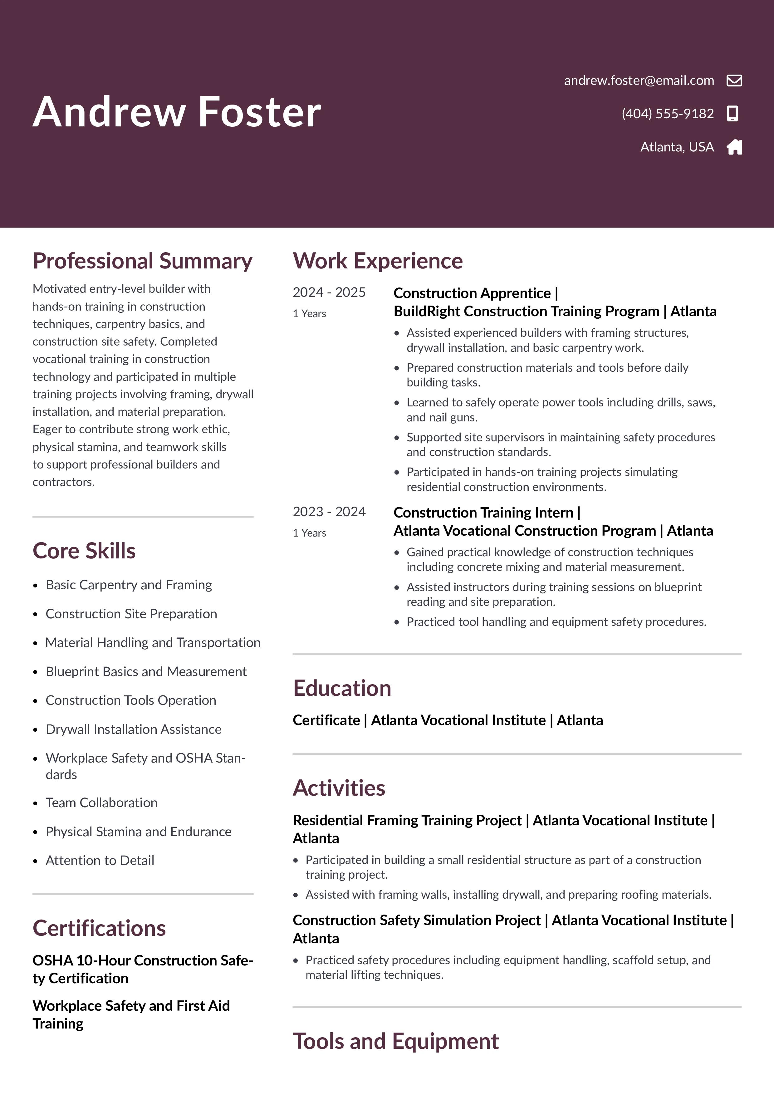 Entry-Level Builder Resume Example