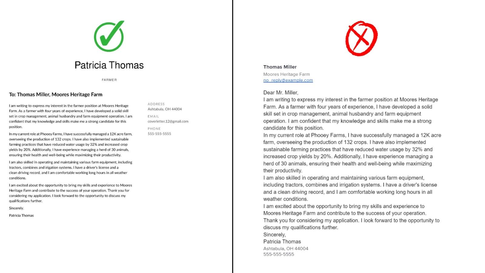 Example of correct vs incorrect cover letter