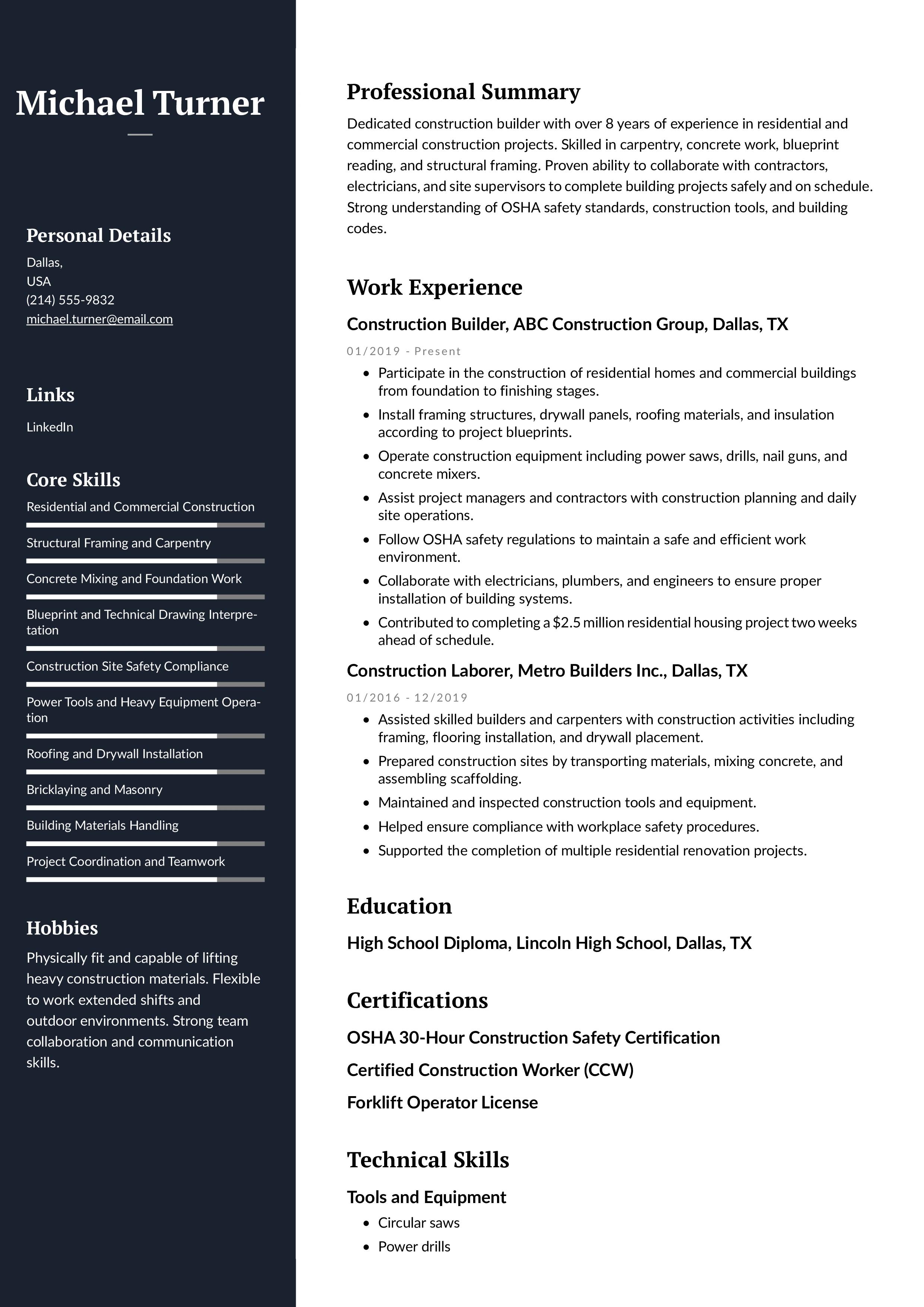 General Construction Builder Resume Example