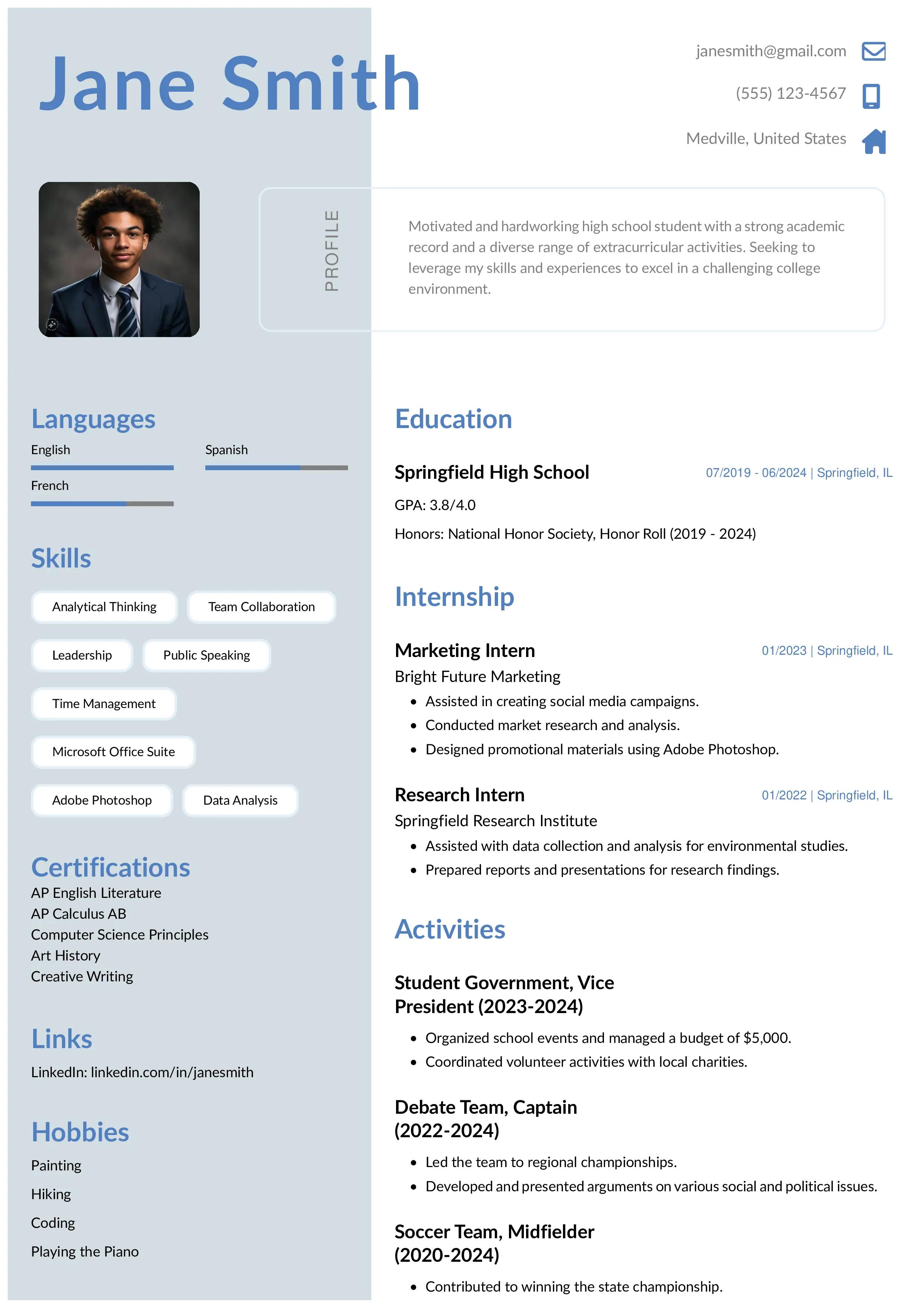 High school resume for college