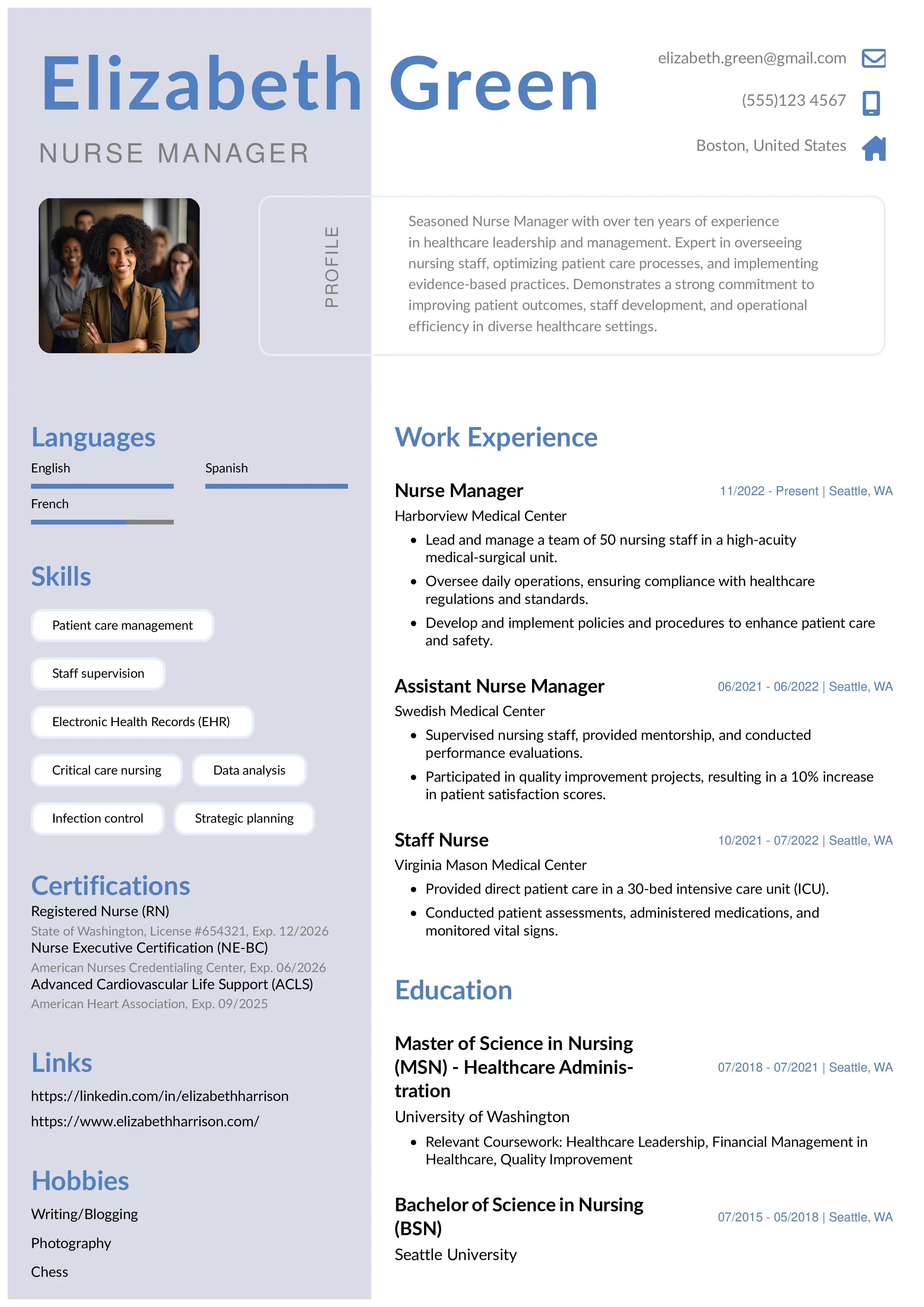 Nurse manager resume example from instaresume.io