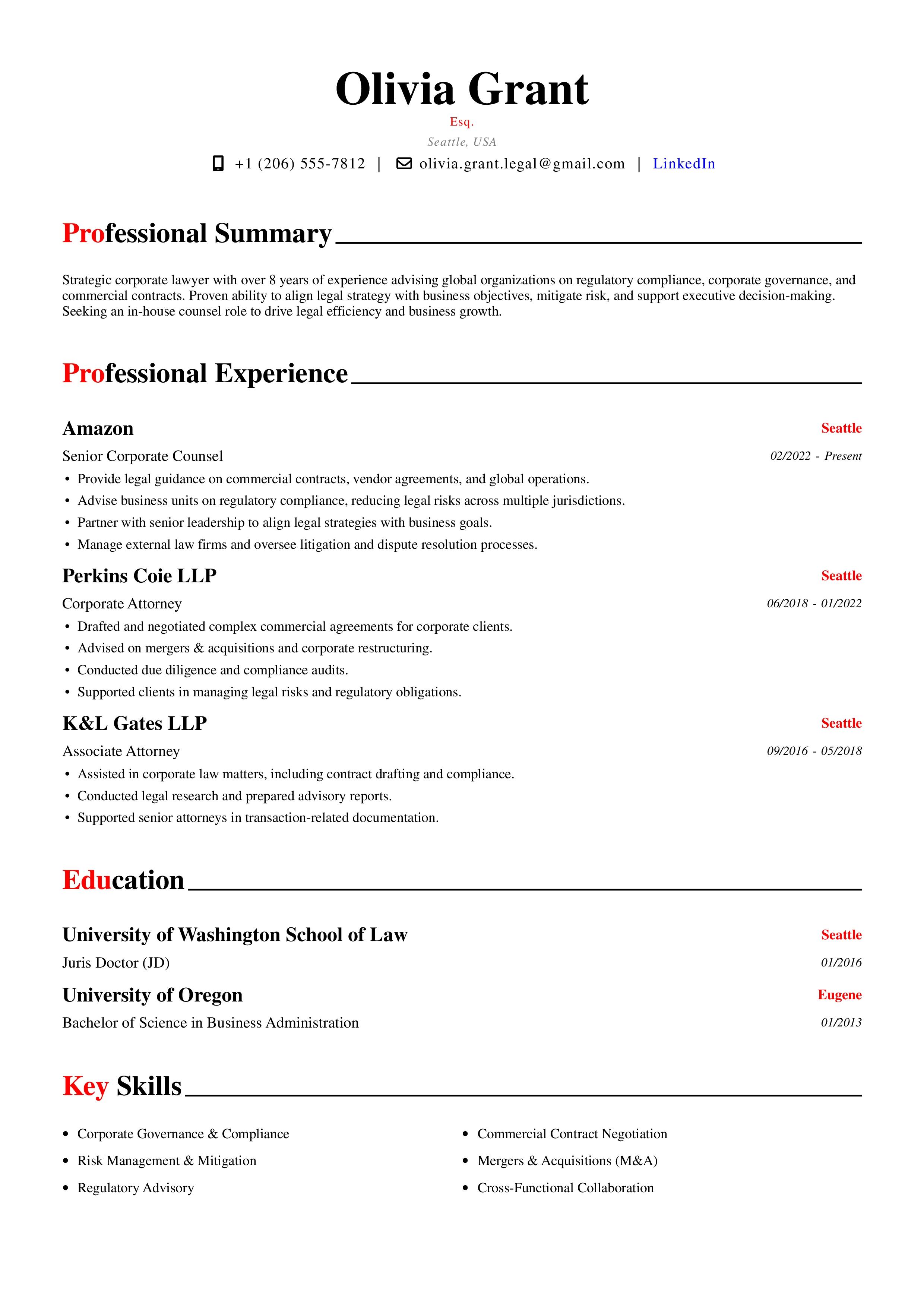 Corporate Lawyer Resume Example for In-House Counsel Roles