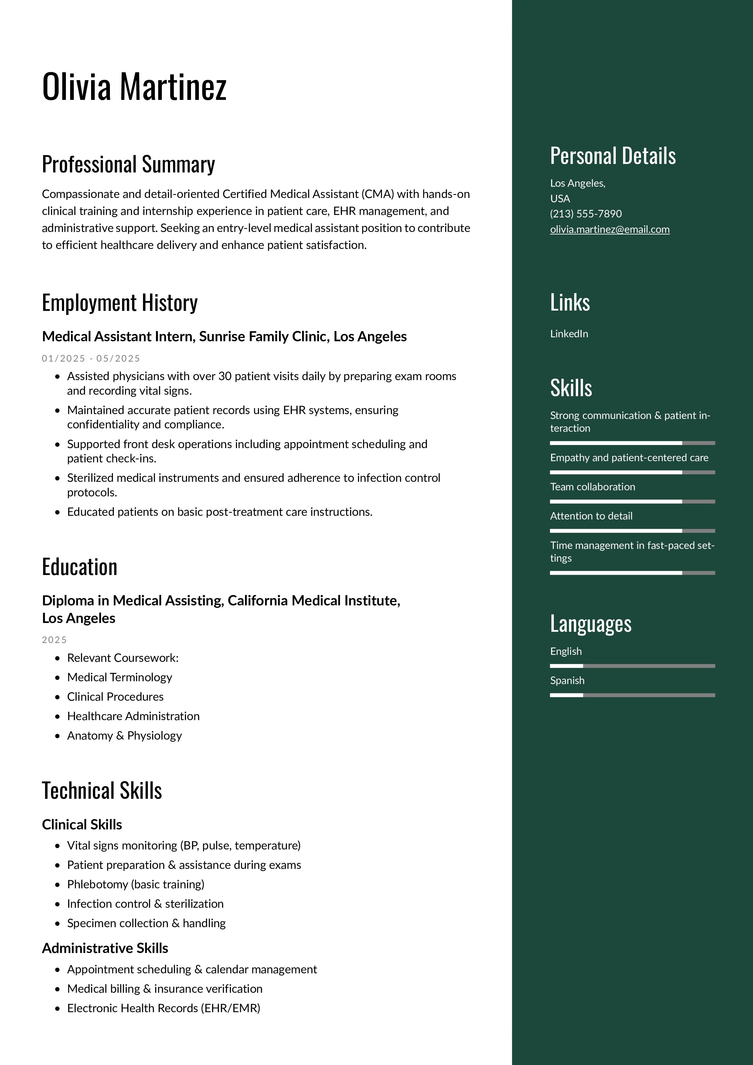 Entry level Medical Assistant resume made by using instaresume's ai resume builder