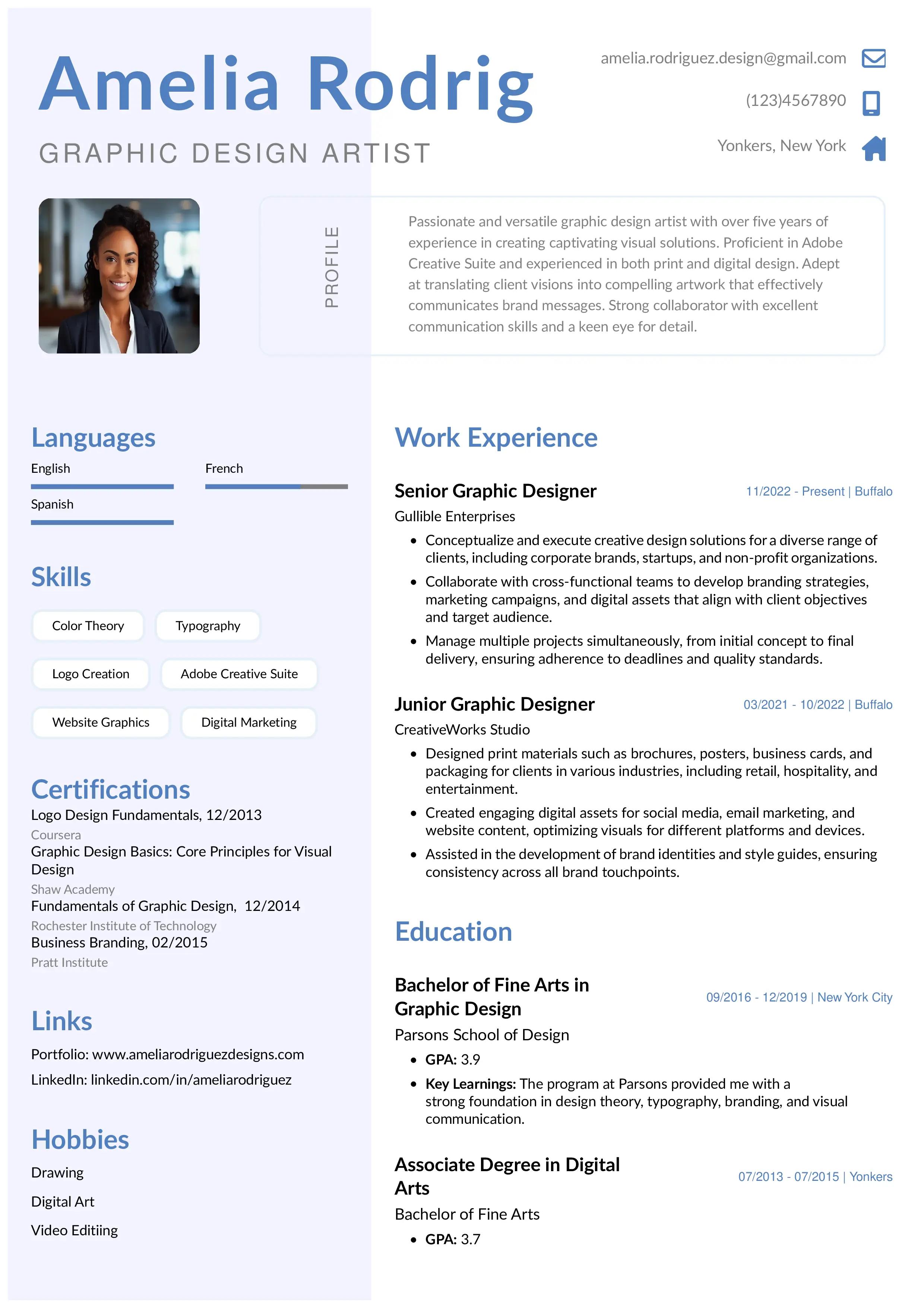 Example of graphic designer artist resume from the template of instaresume.io