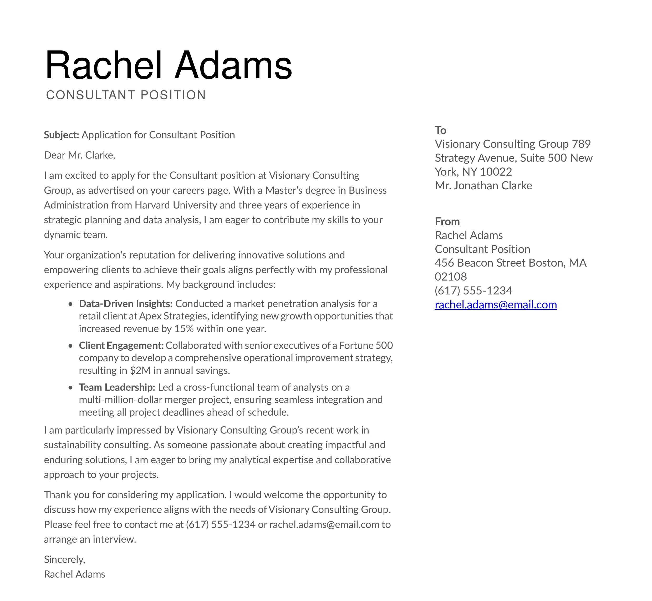 Consultant Cover Letter Example