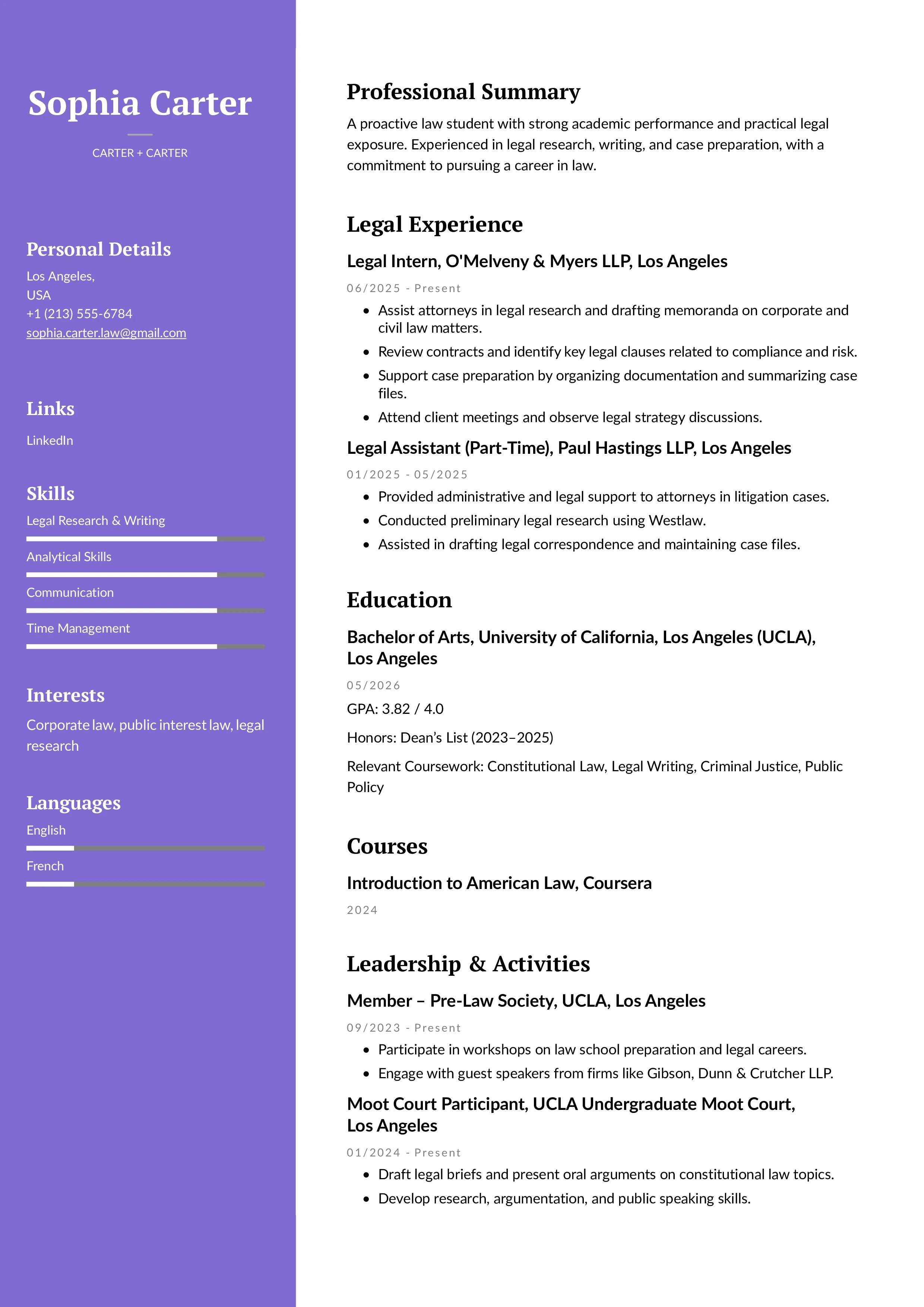 Legal Internship Resume Example (Student-Focused)