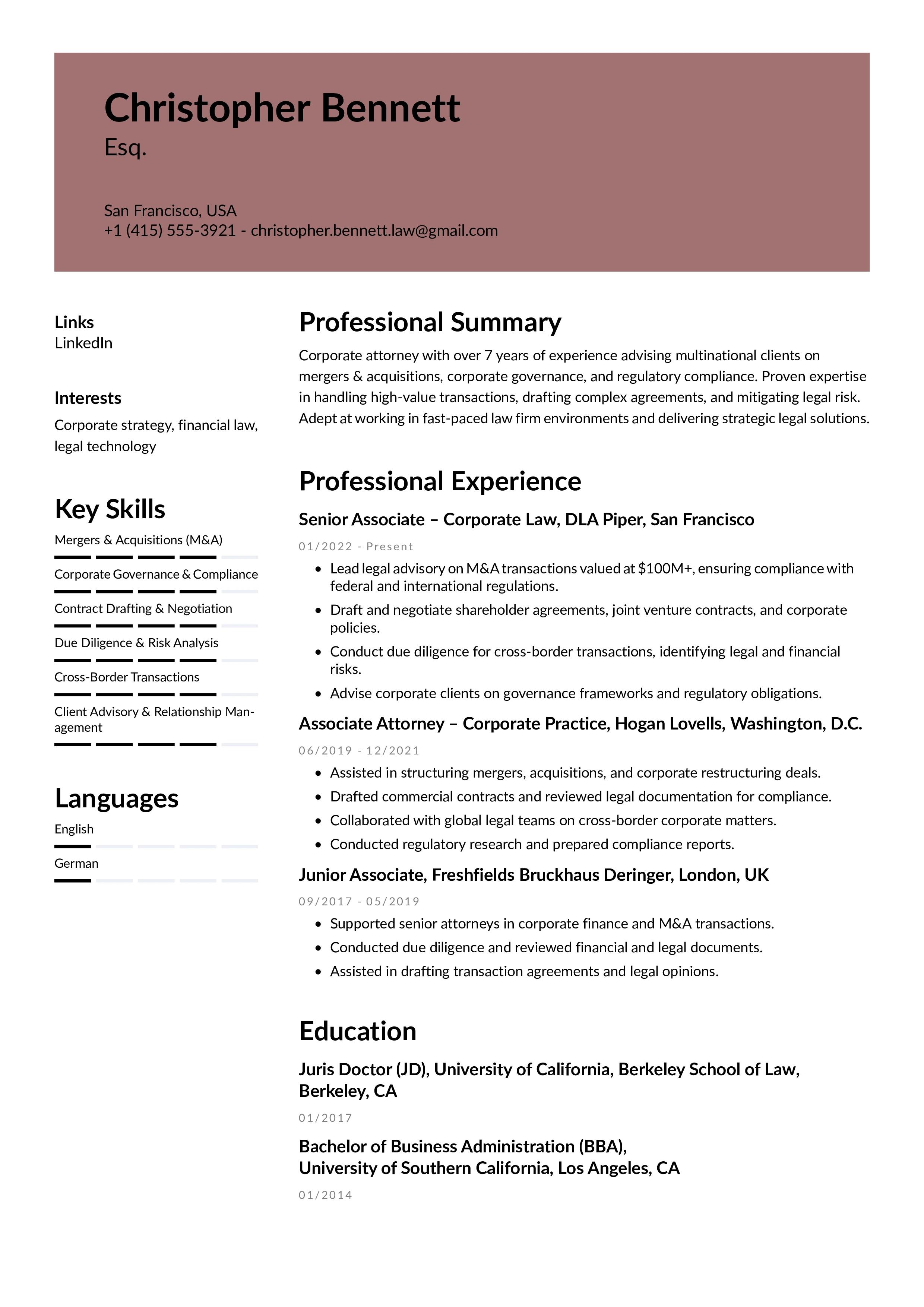 Law Firm Job Resume Example (Corporate Legal Roles)