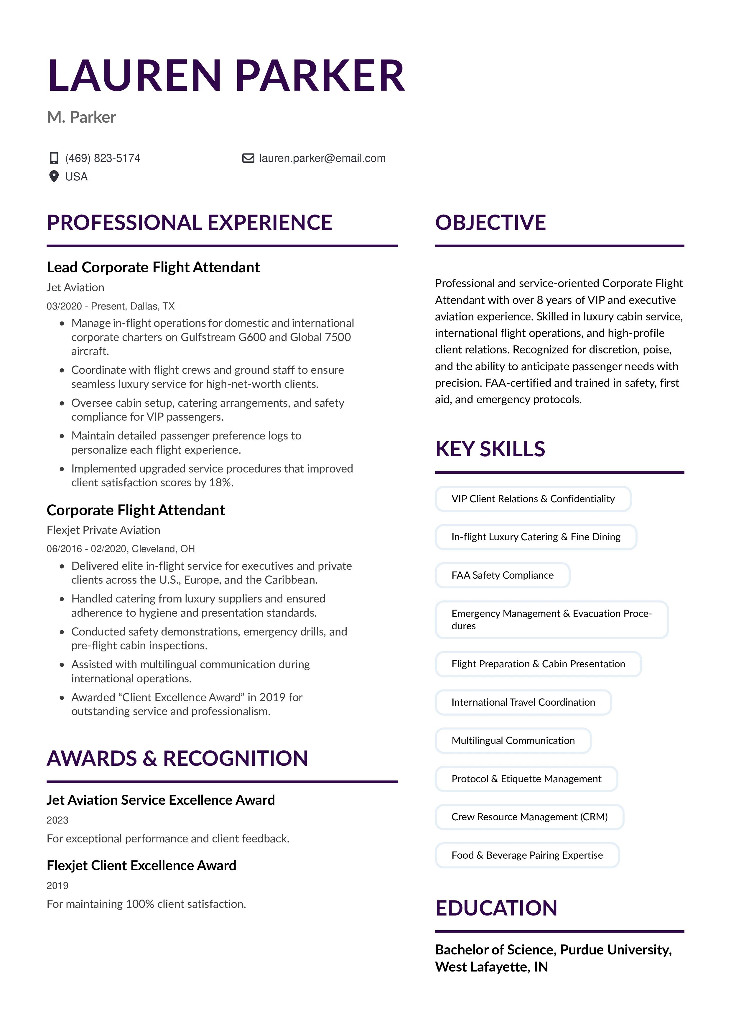 Corporate Flight Attendant Resume