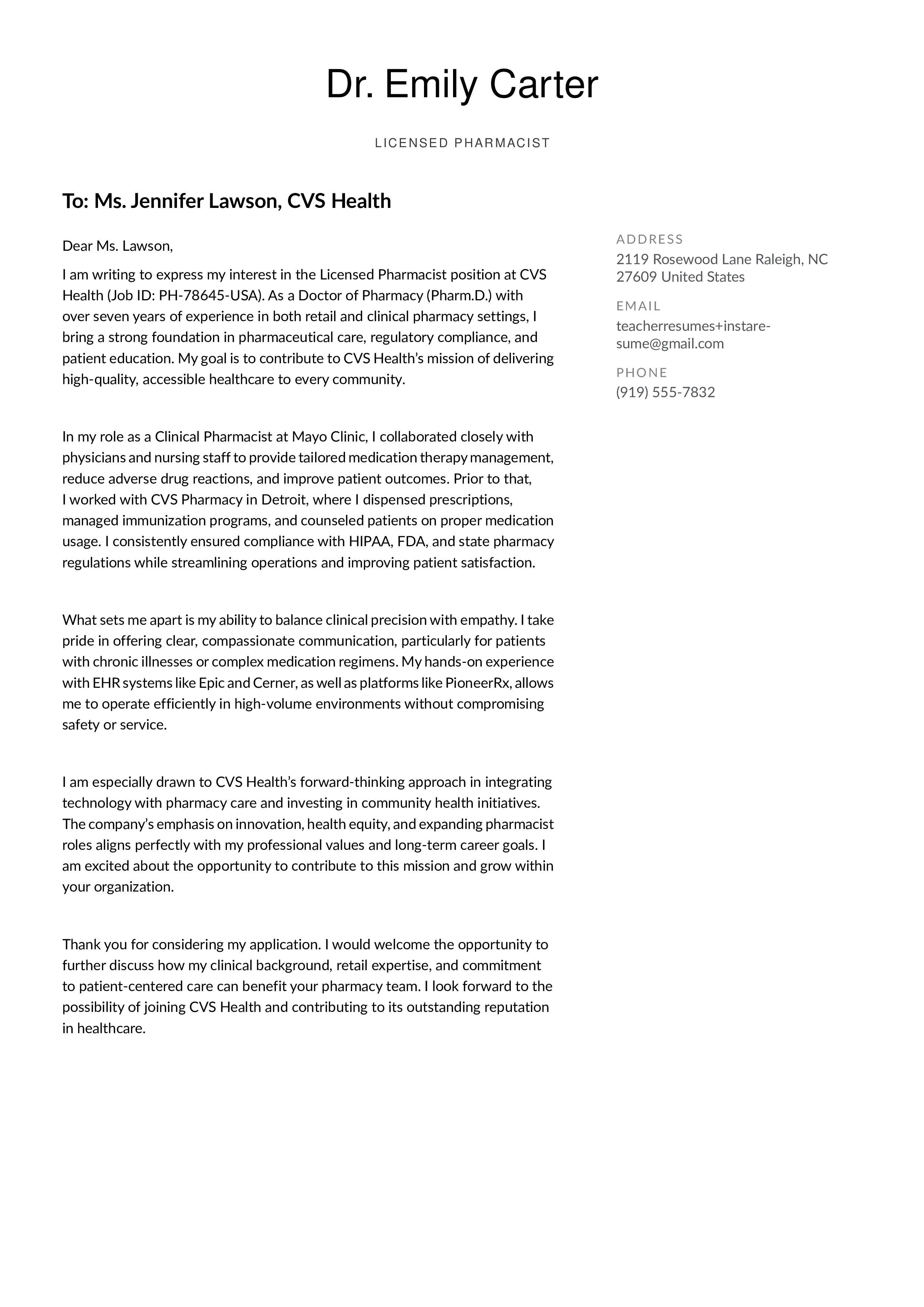 Pharmacist cover letter