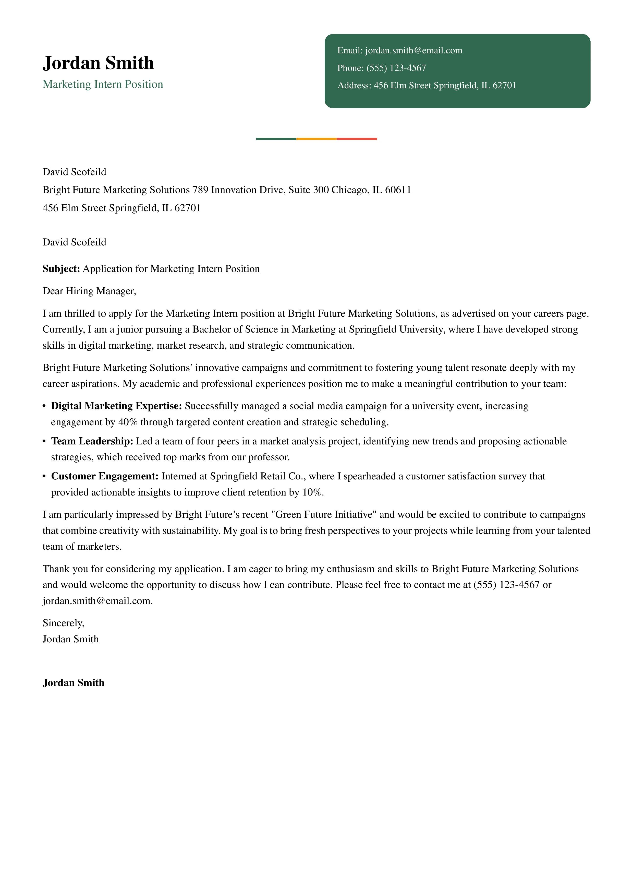 College Student Cover Letter Example