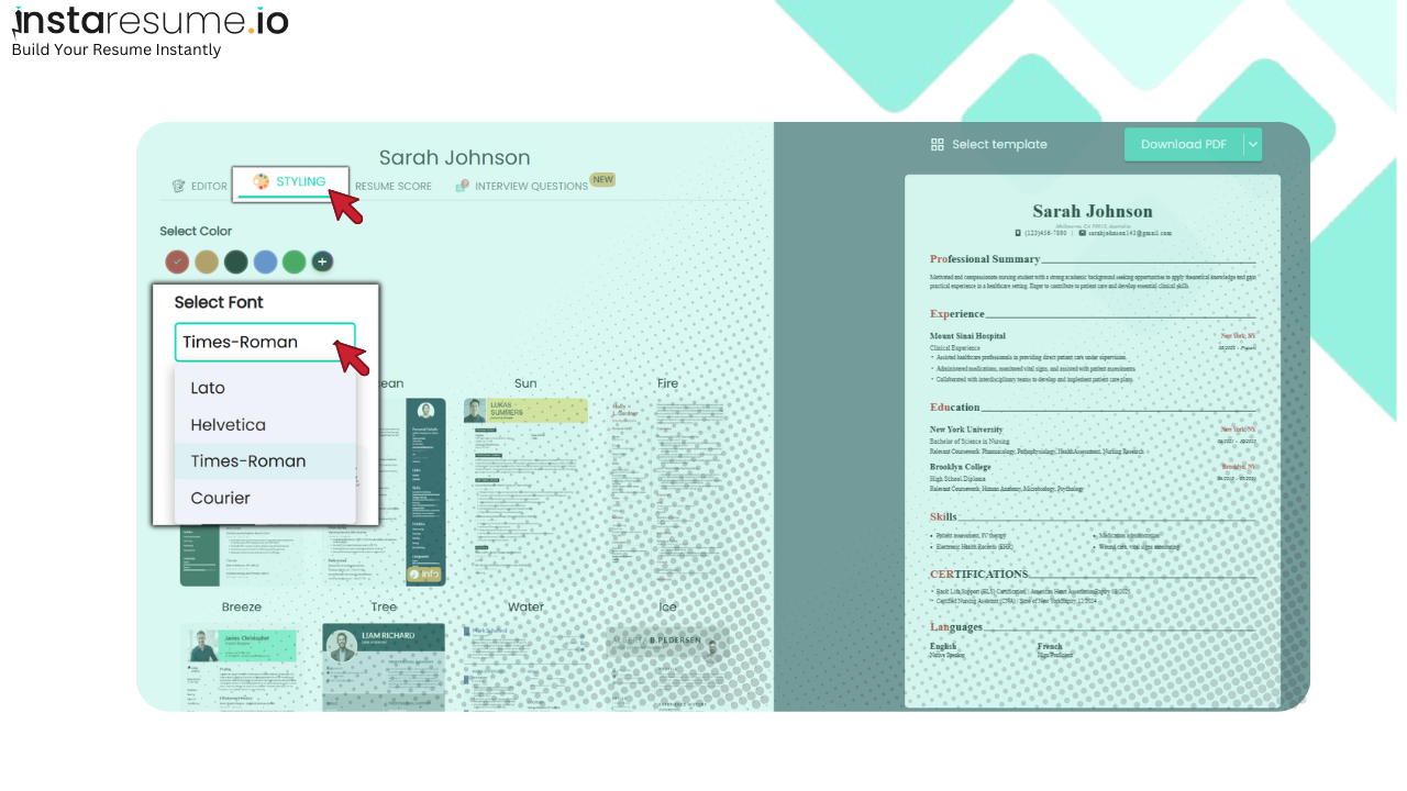 how to use Instaresume to customize and apply different font styles in a resume. The interface shows a step-by-step guide with options for selecting fonts like Calibri, Lato, and Roboto, along with real-time preview of font changes in the resume editor.