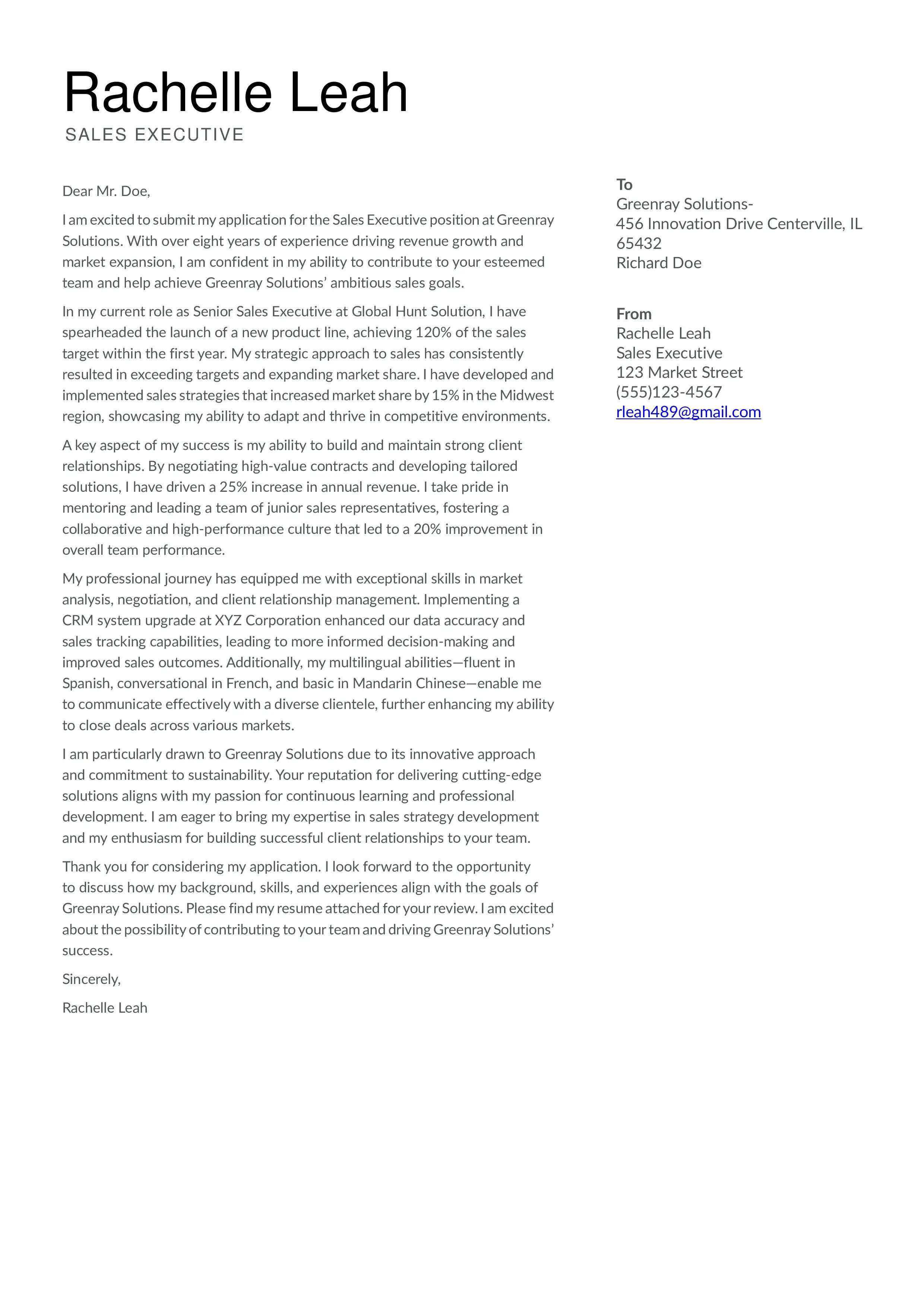 Cover letter template of sales executive from instaresume.io