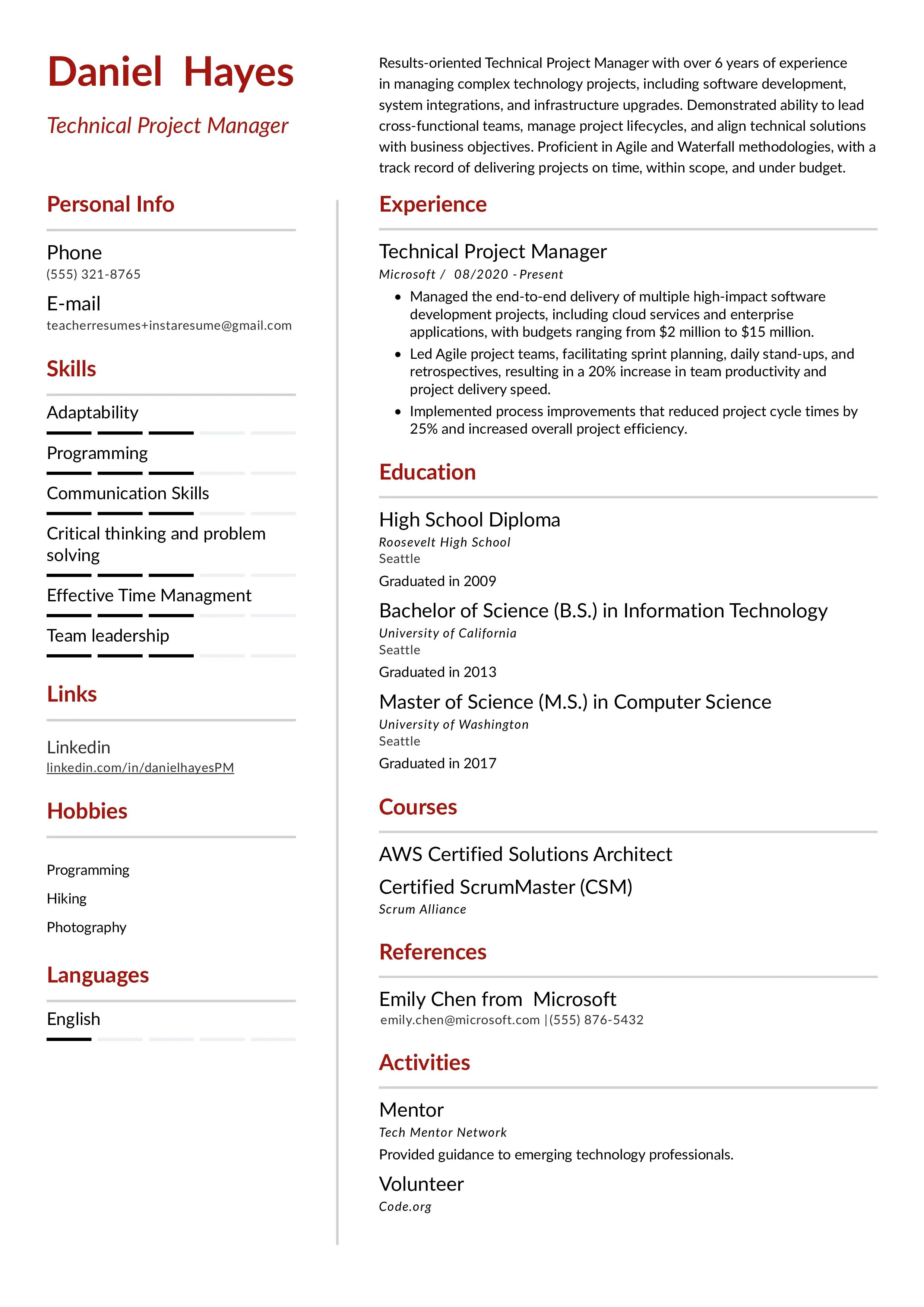 Technical project manager resume