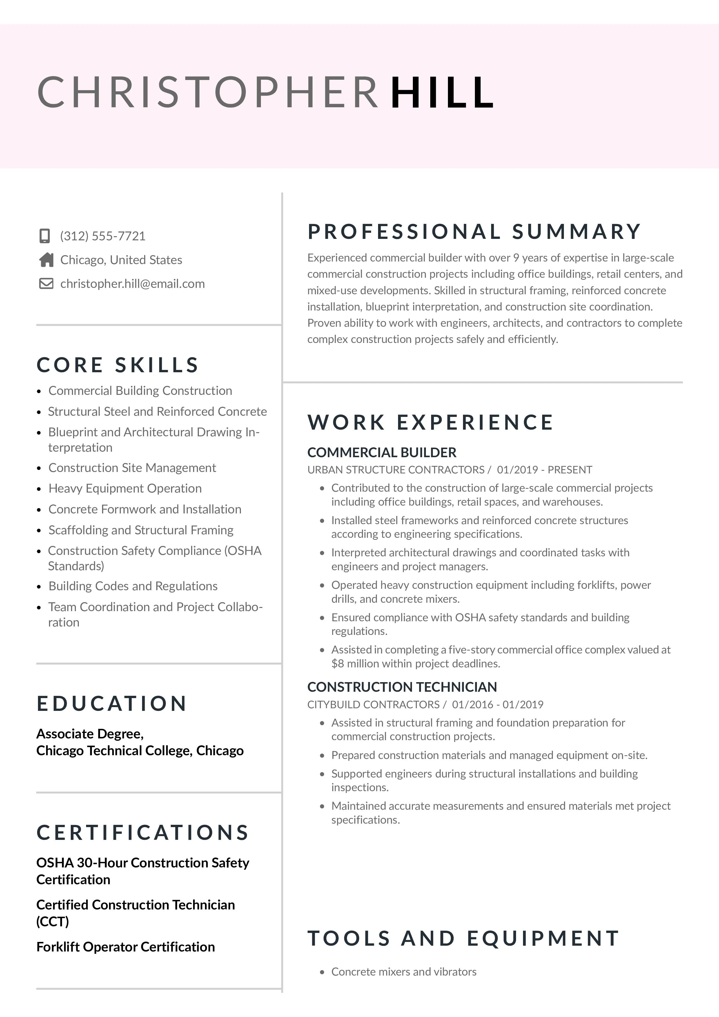 Commercial Builder Resume Example