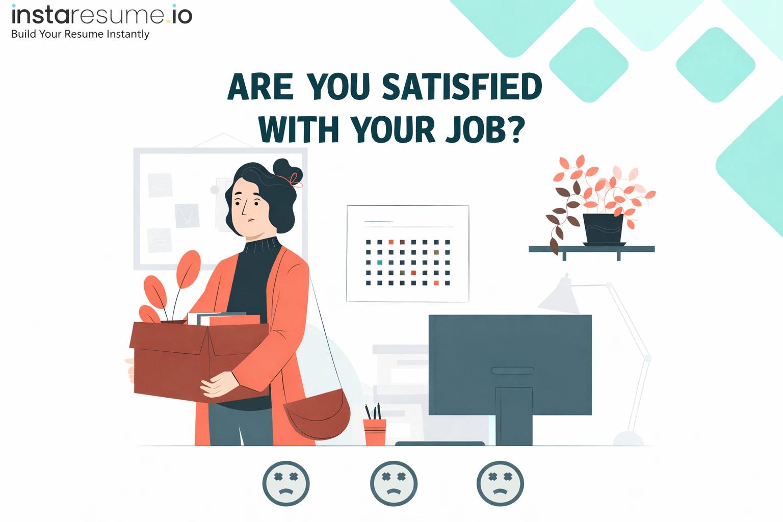 Illustration showing a dissatisfied office employee holding a box of belongings at a workplace desk, symbolizing job dissatisfaction and career change.