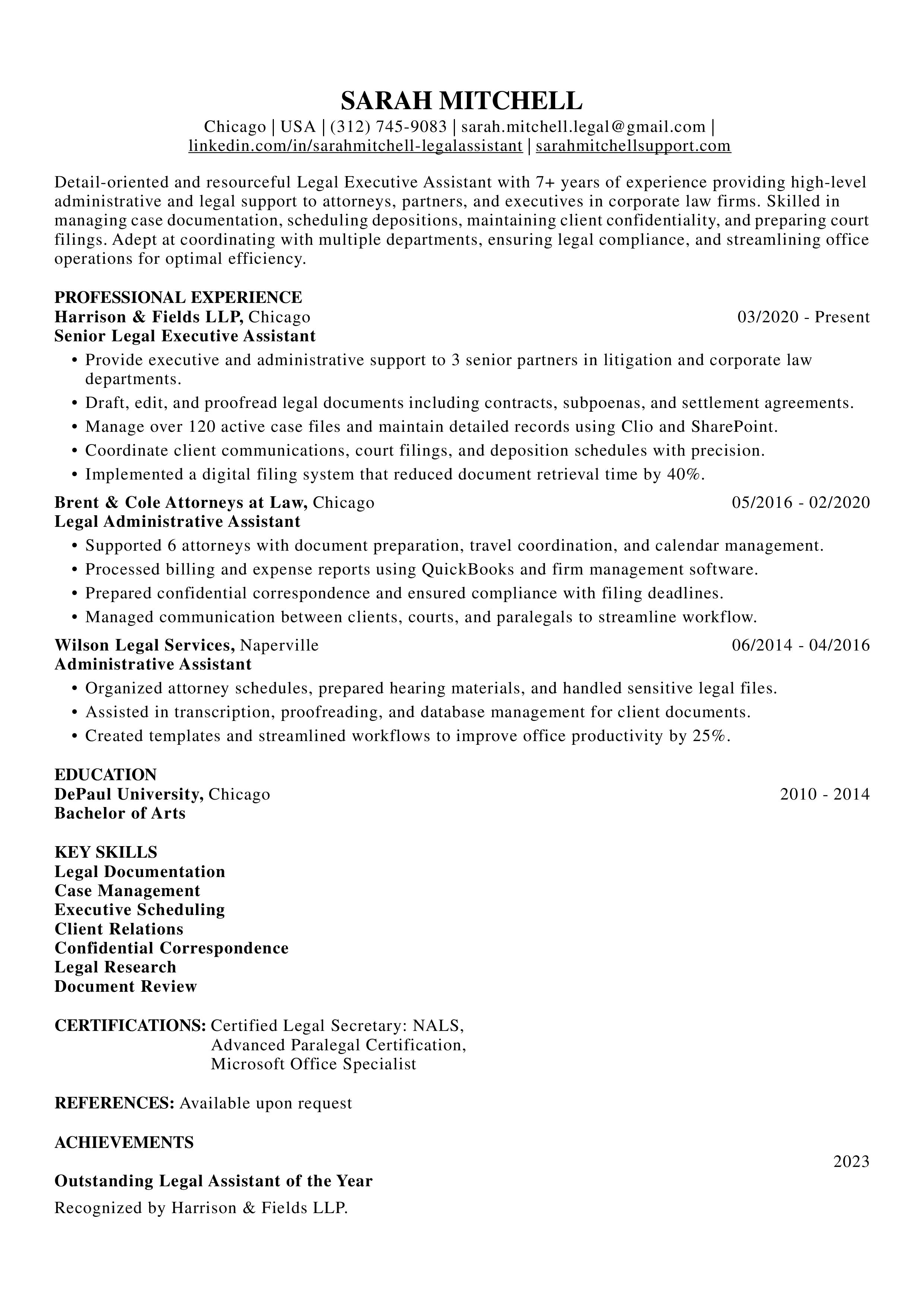 Legal Executive Resume made in the river template of instaresume.io