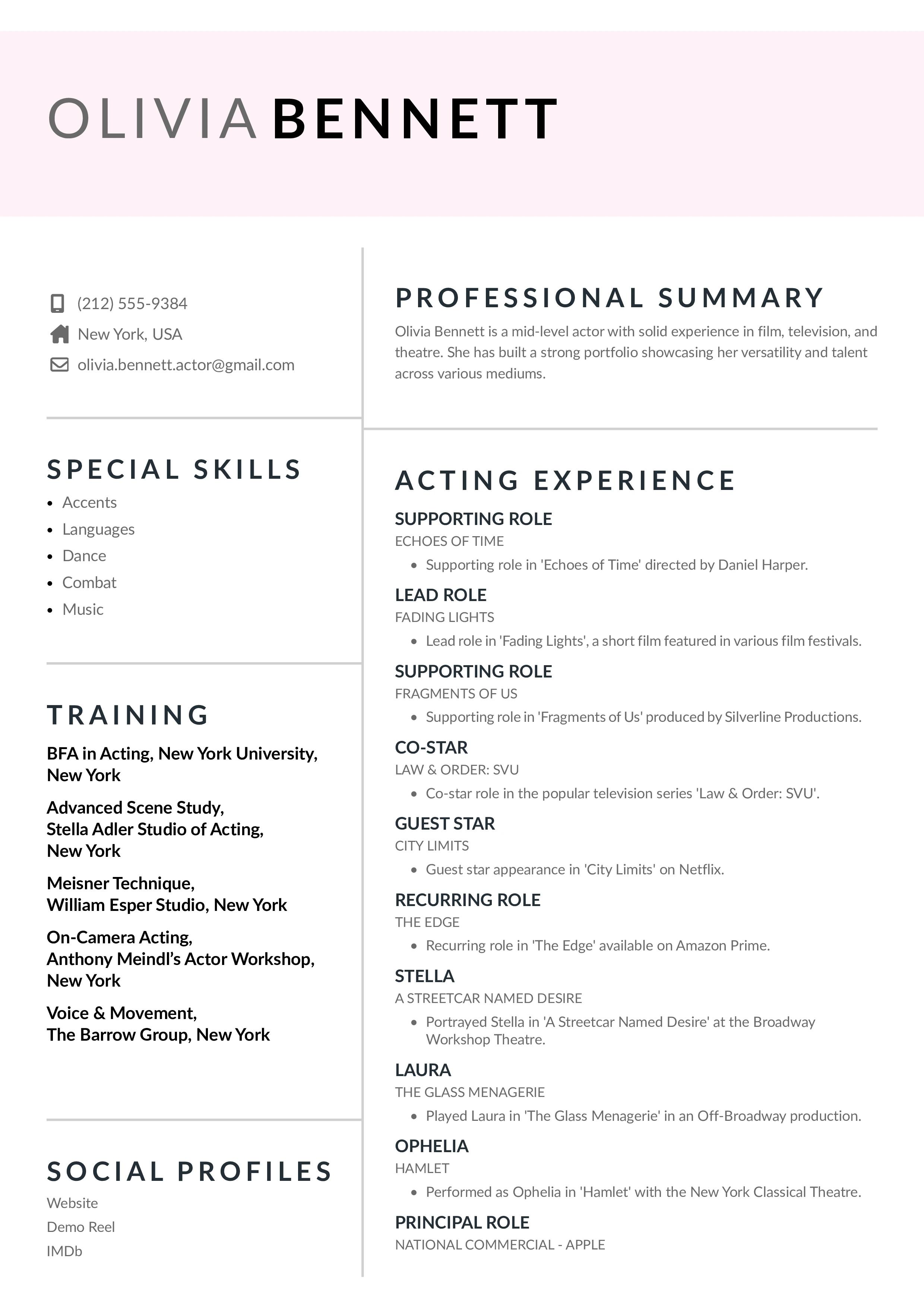 Mid-Level Acting Resume Example