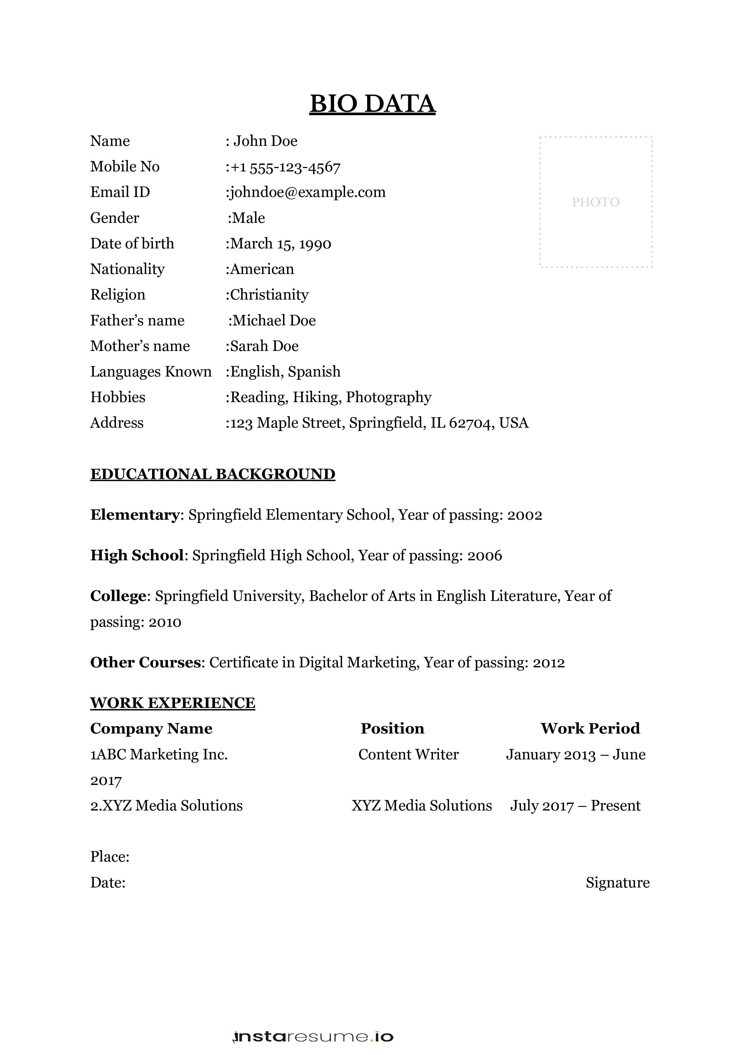 bio data format for english literature graduate