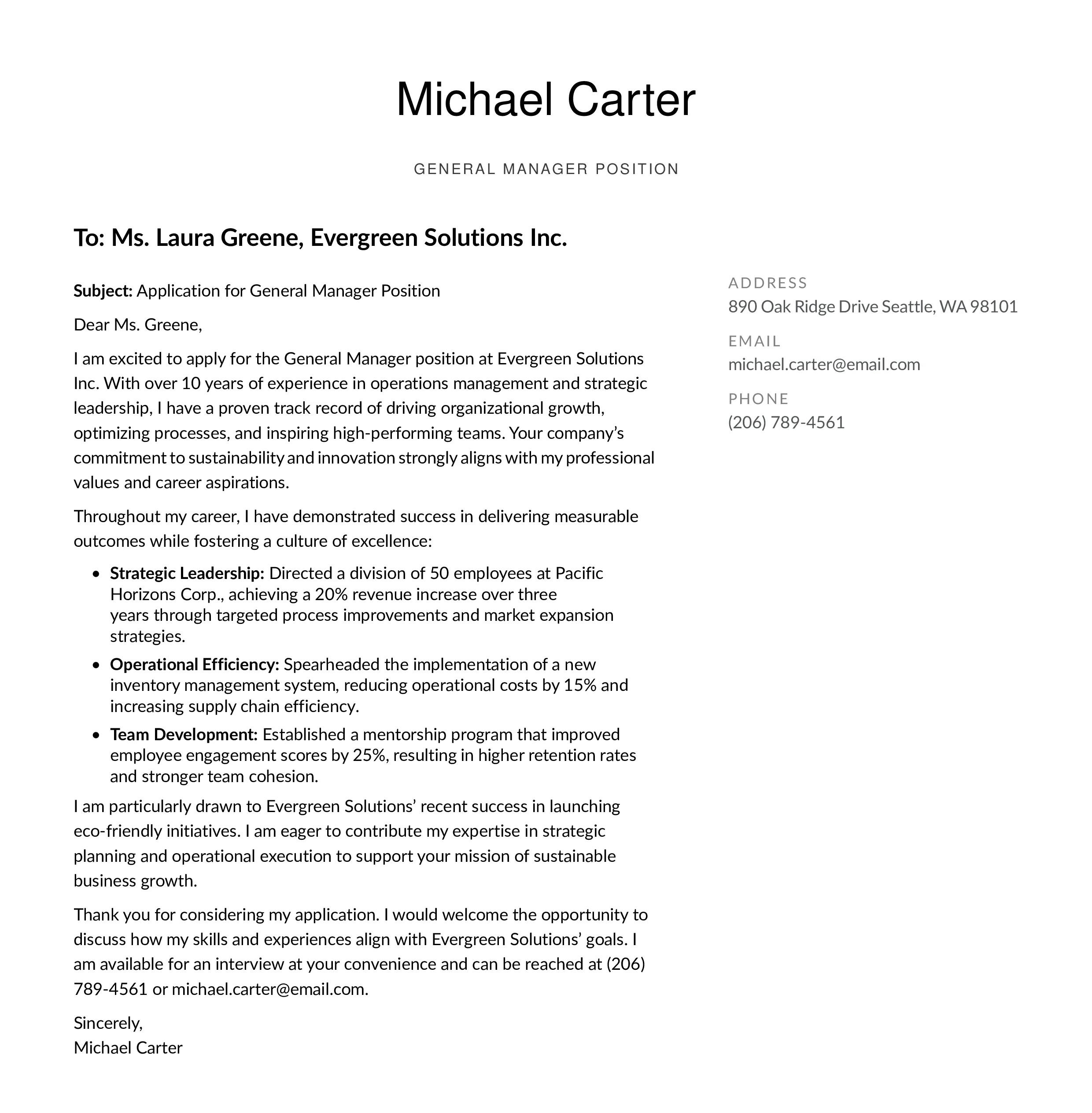 Management Cover Letter Example