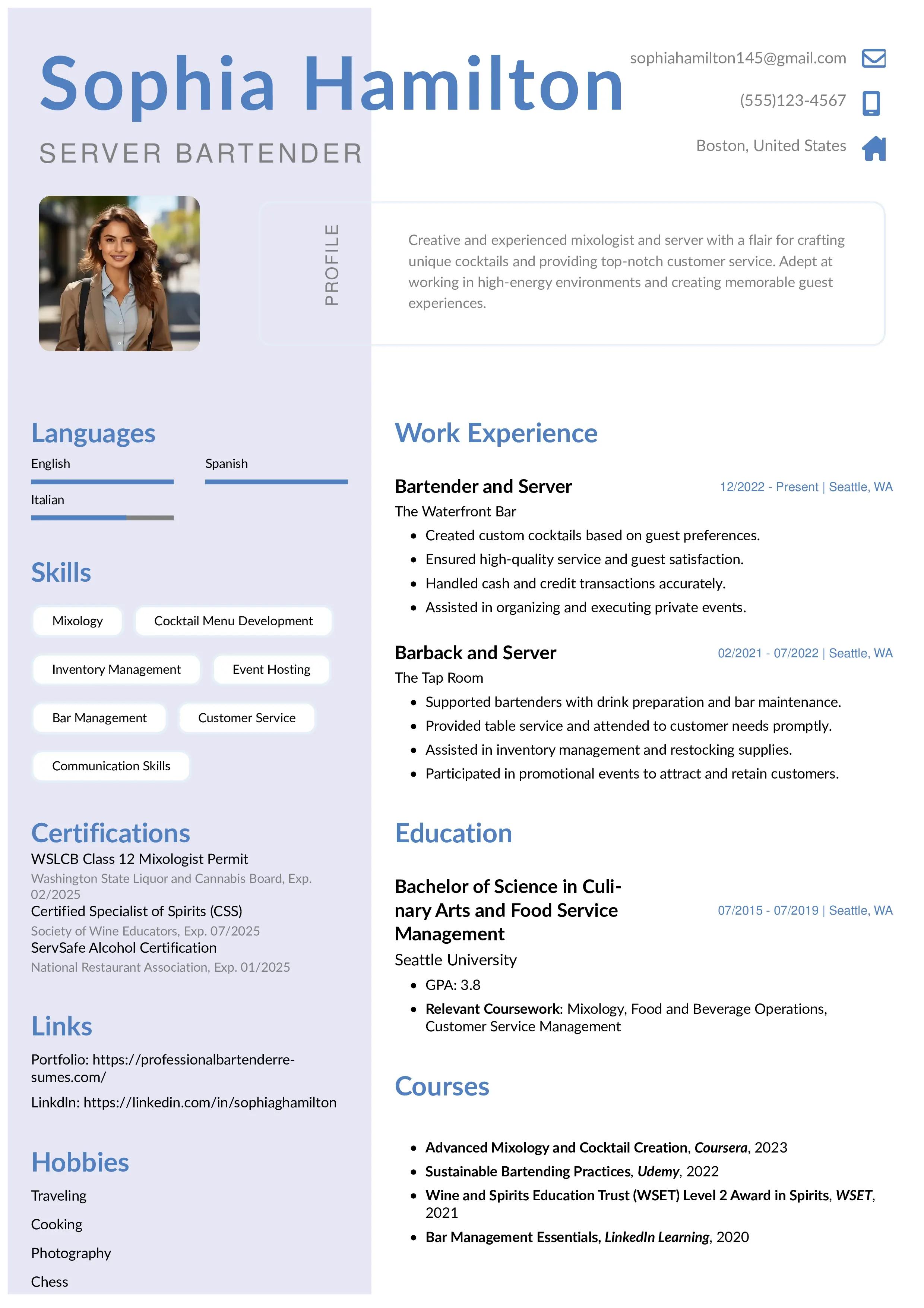 Server bartender resume example from instaresume