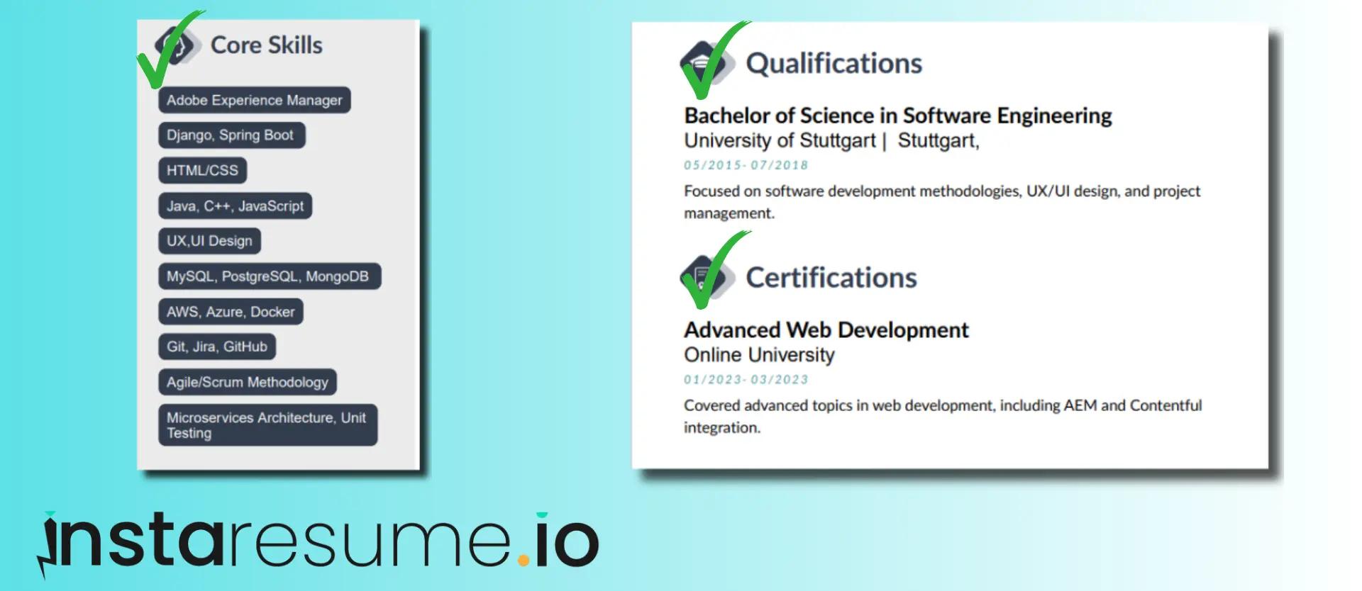 Skills and qualifications filled from instaresume.io tool