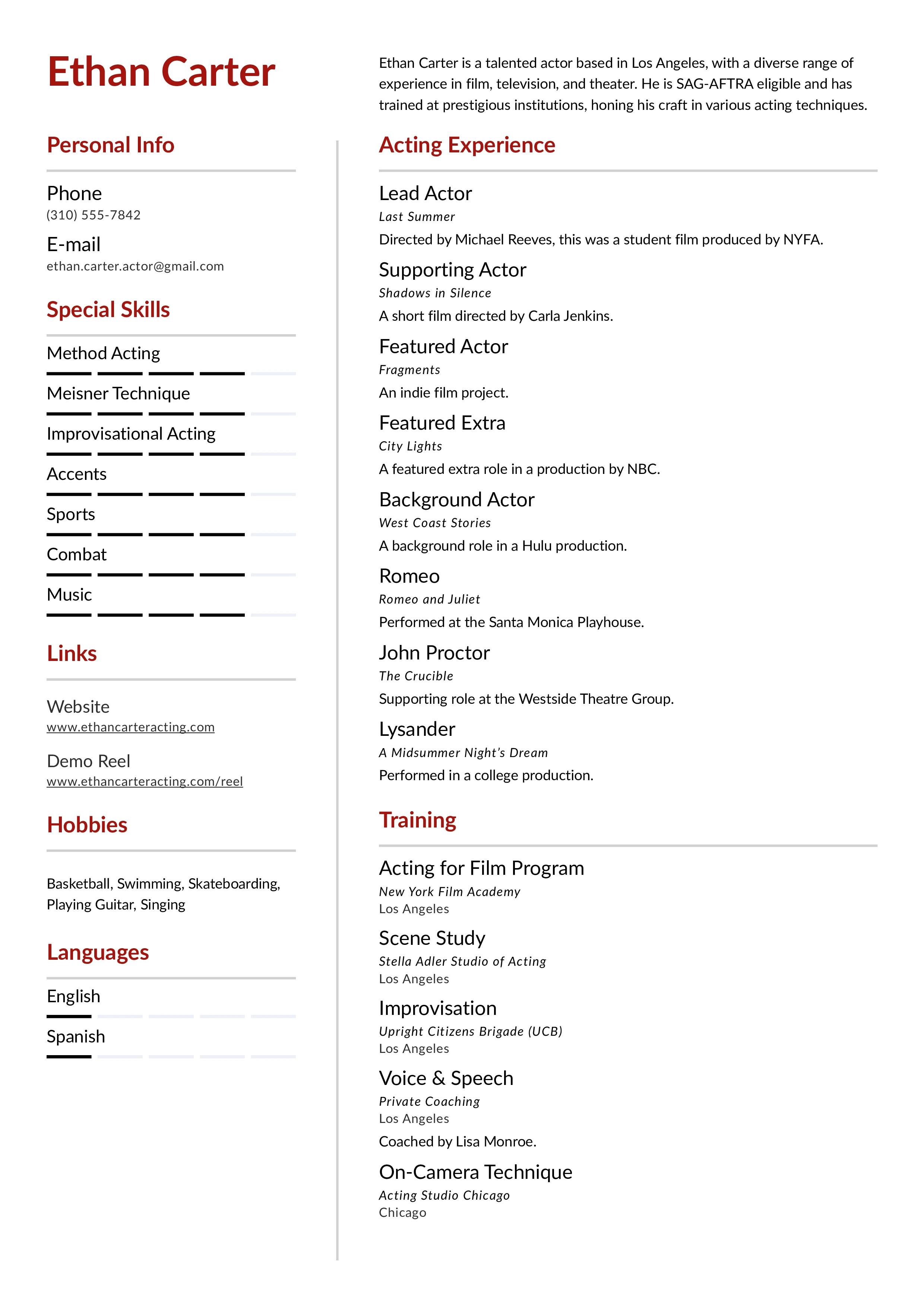 Beginner Acting Resume Example