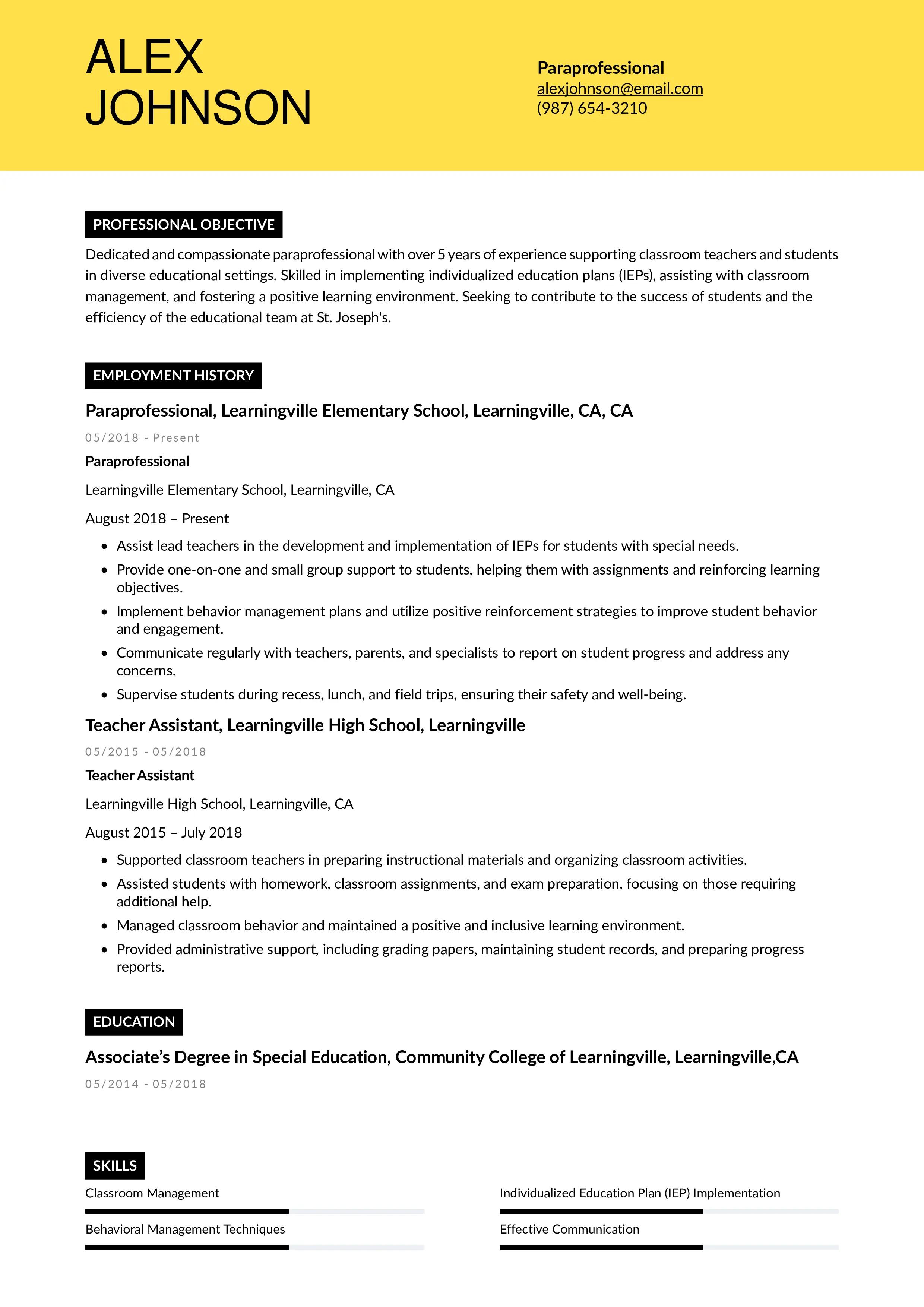 Resume example of paraprofessional resume using instaresume.io template.