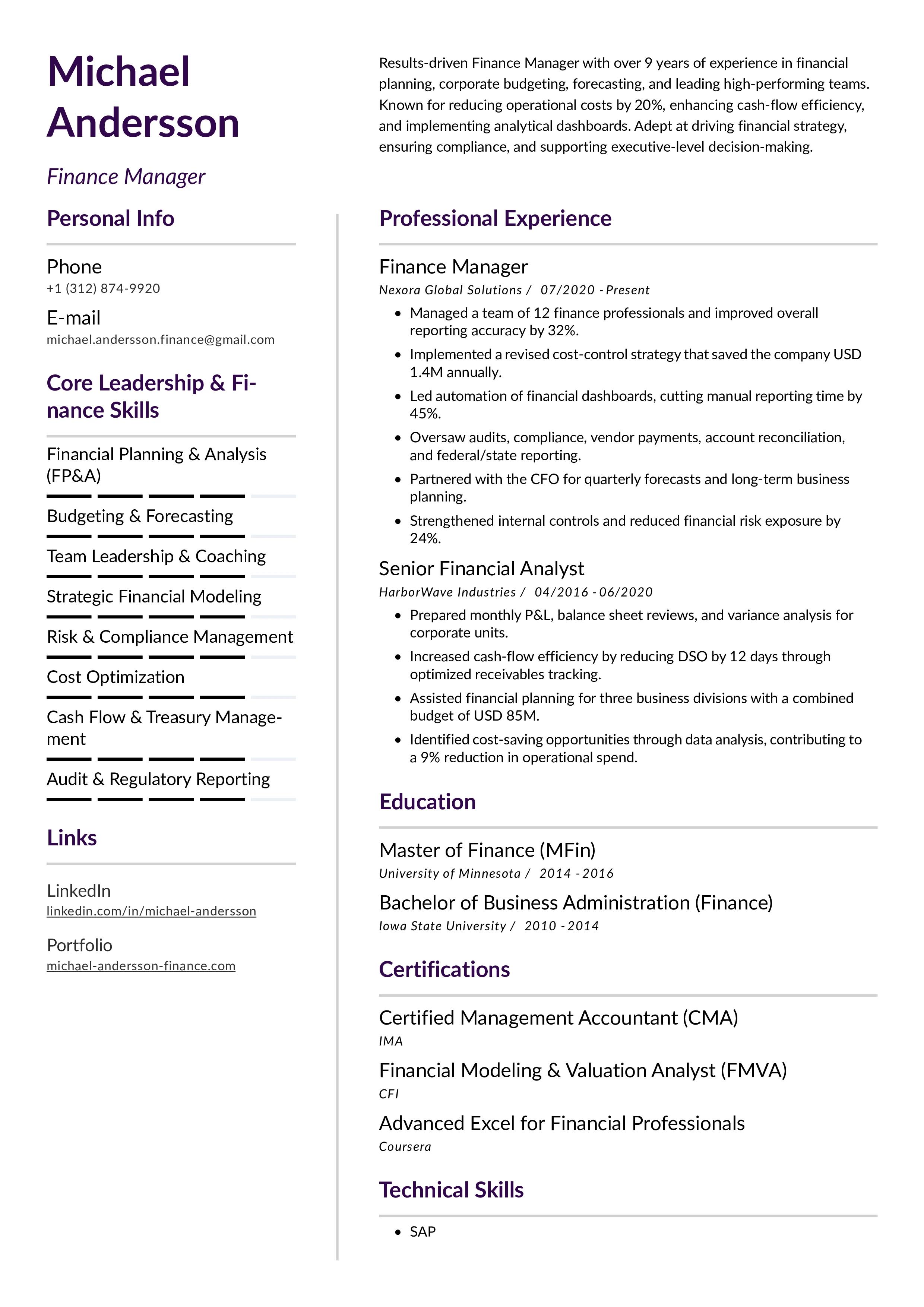 Finance Manager Resume