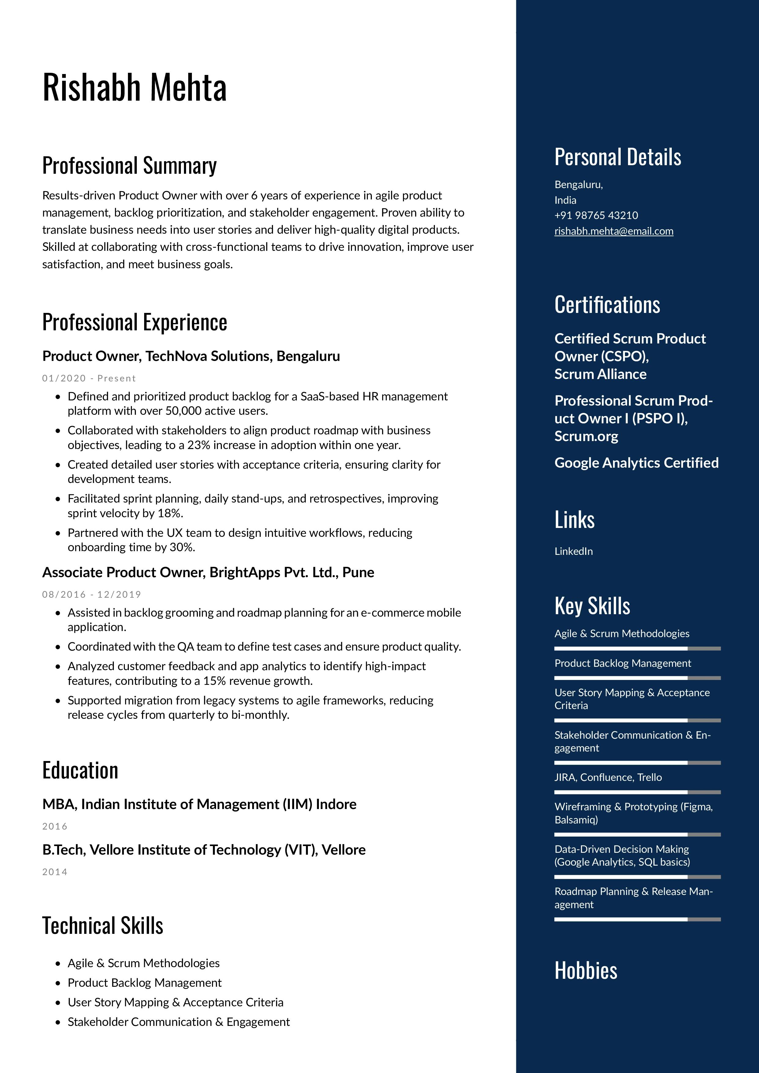 Product Owner Resume