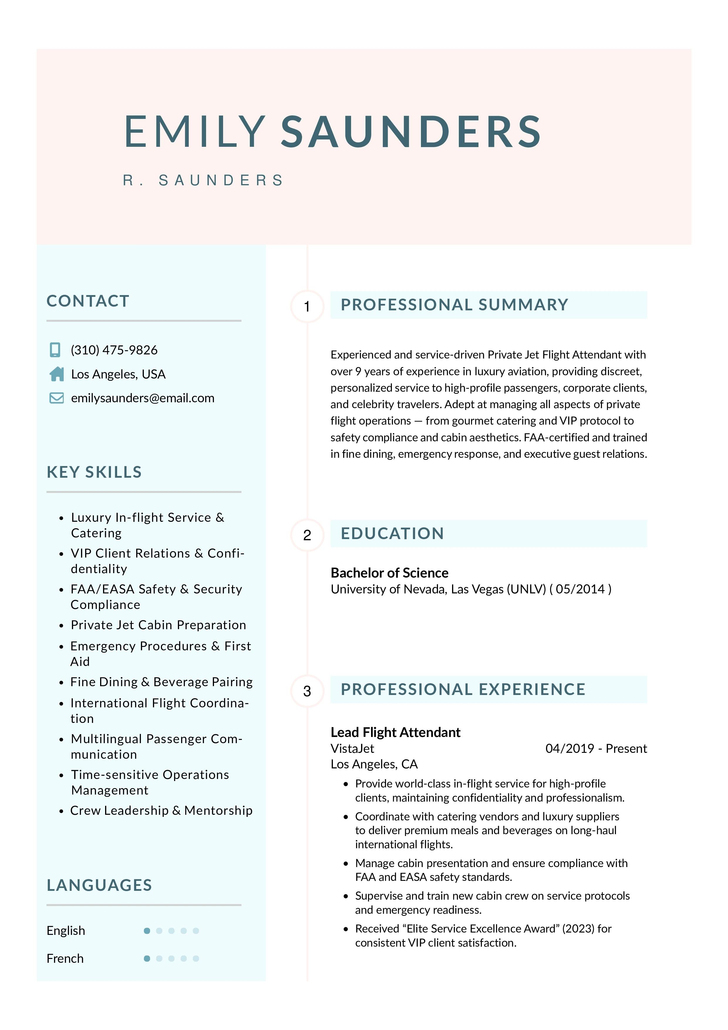 Private Jet Flight Attendant Resume