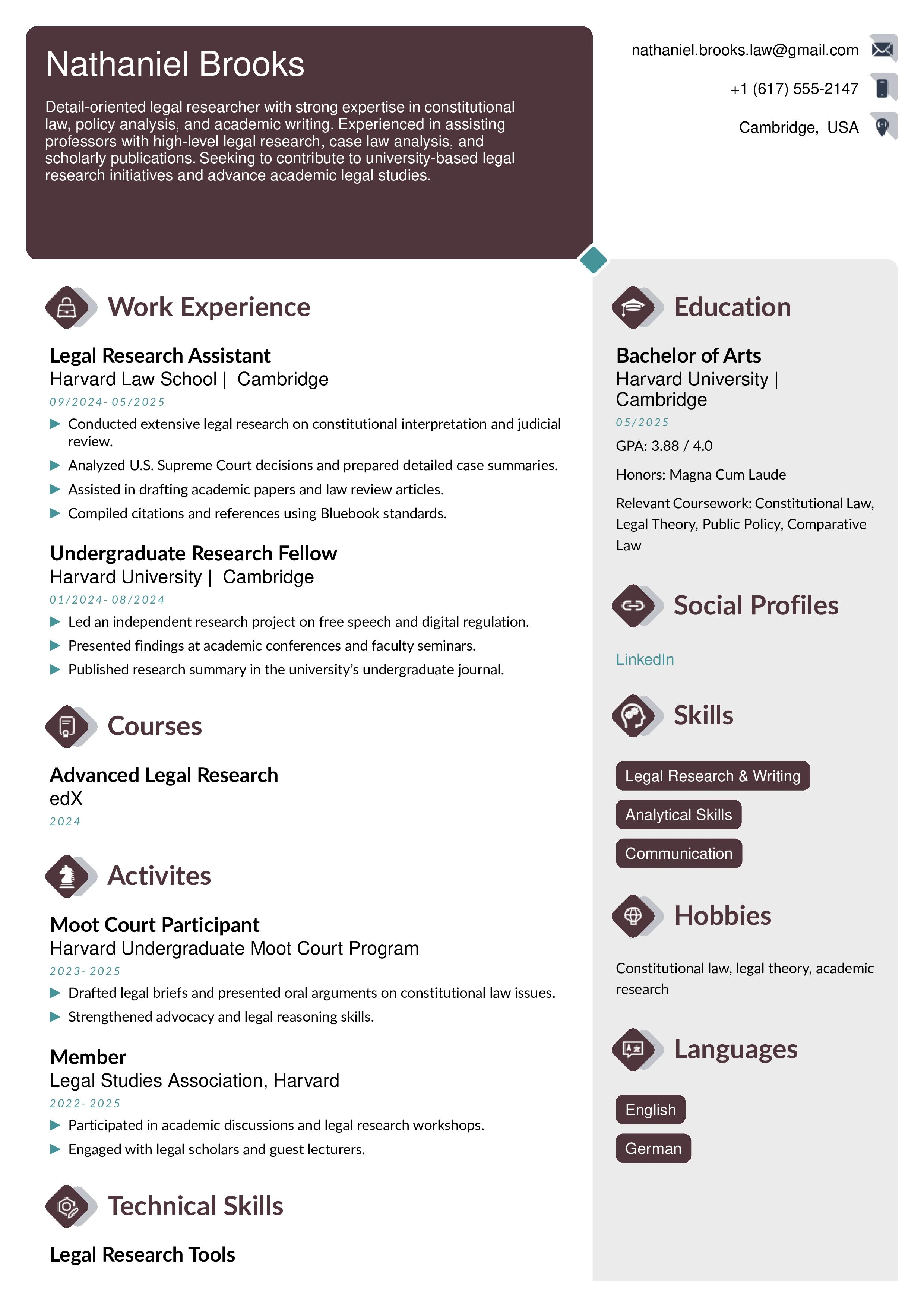 Legal Research Assistant Resume Example (University-Based Roles)