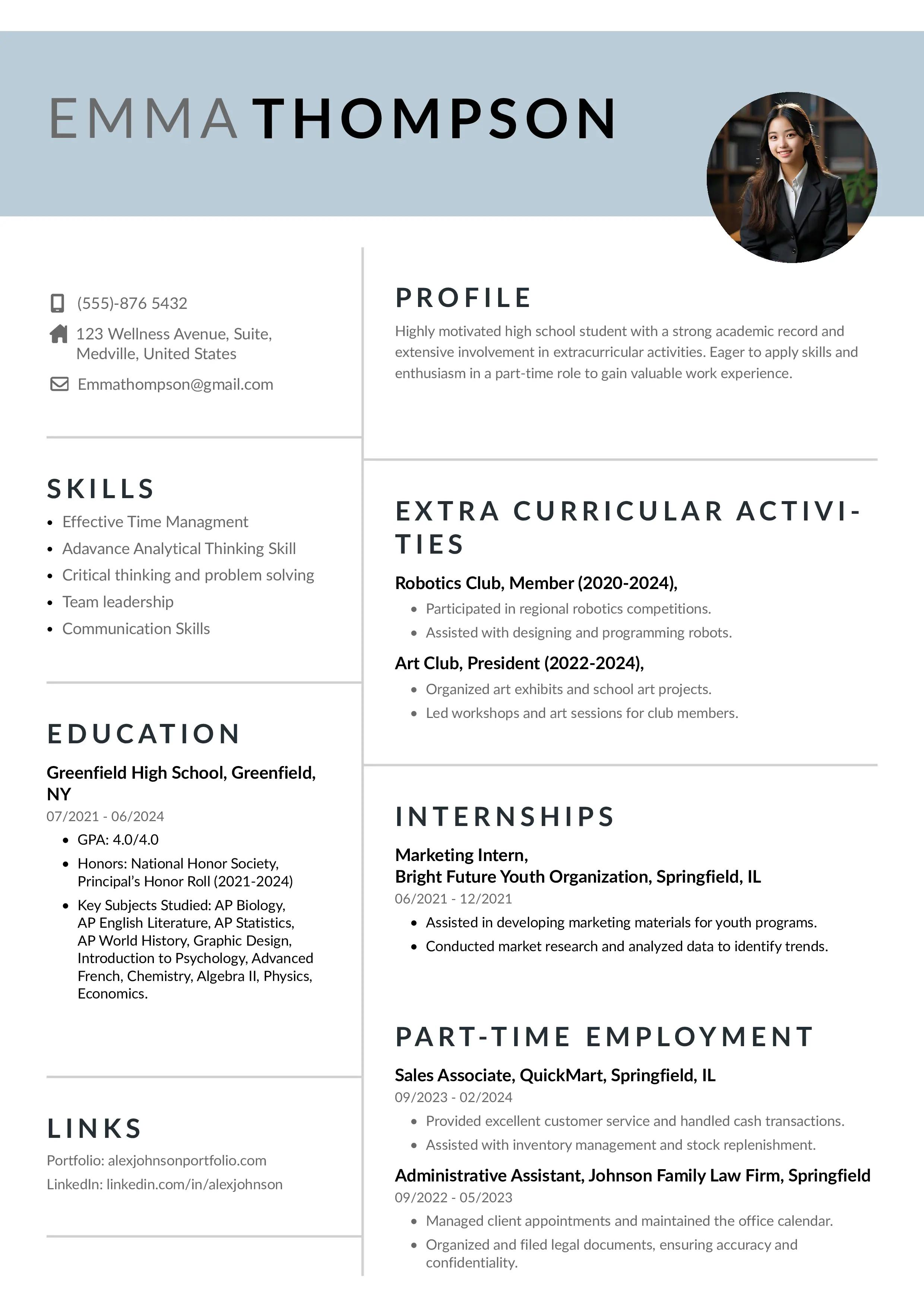 High school student resume example made from the template of instaresume.io