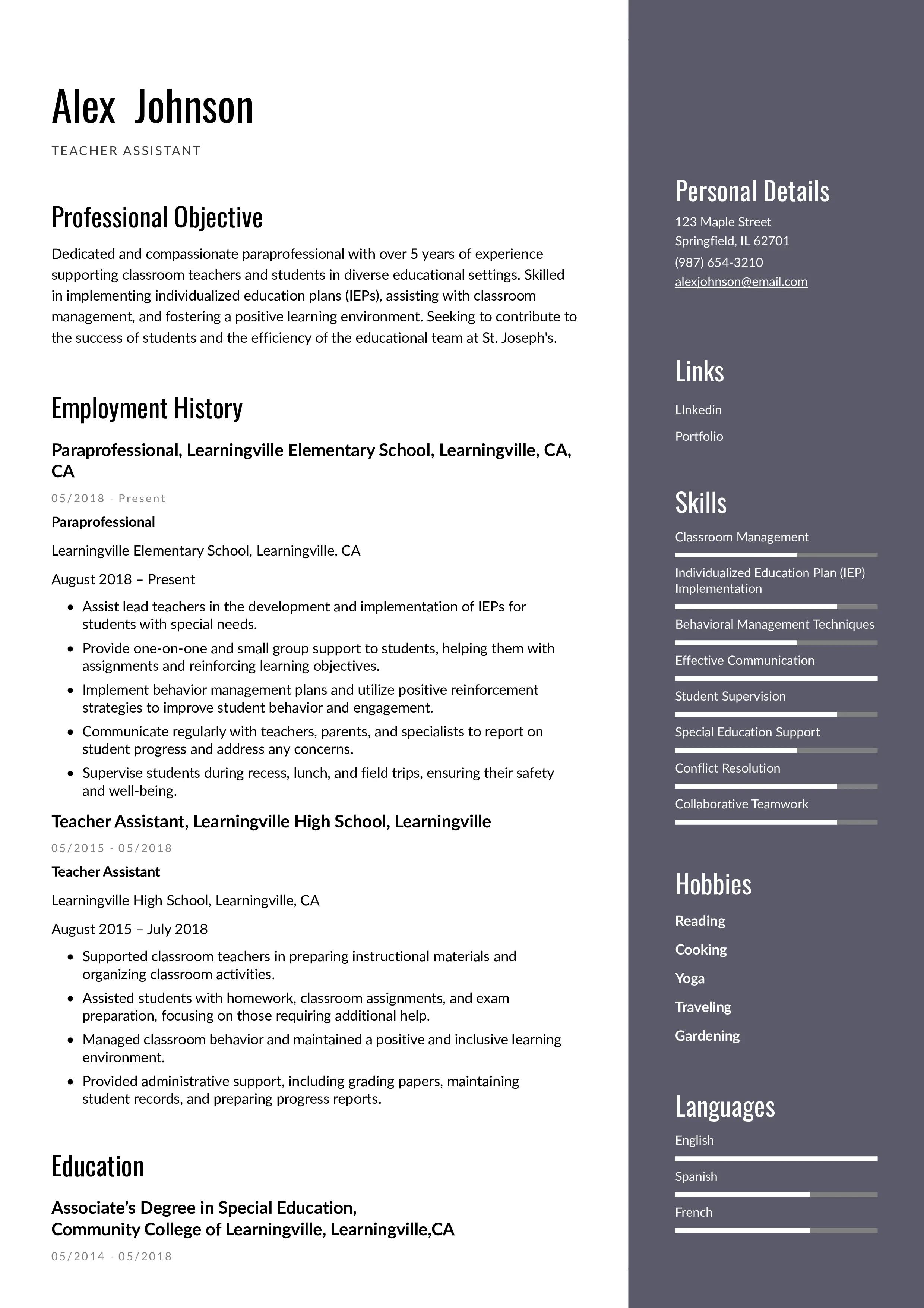 Resume example of teacher assistant resume using instaresume.io template.